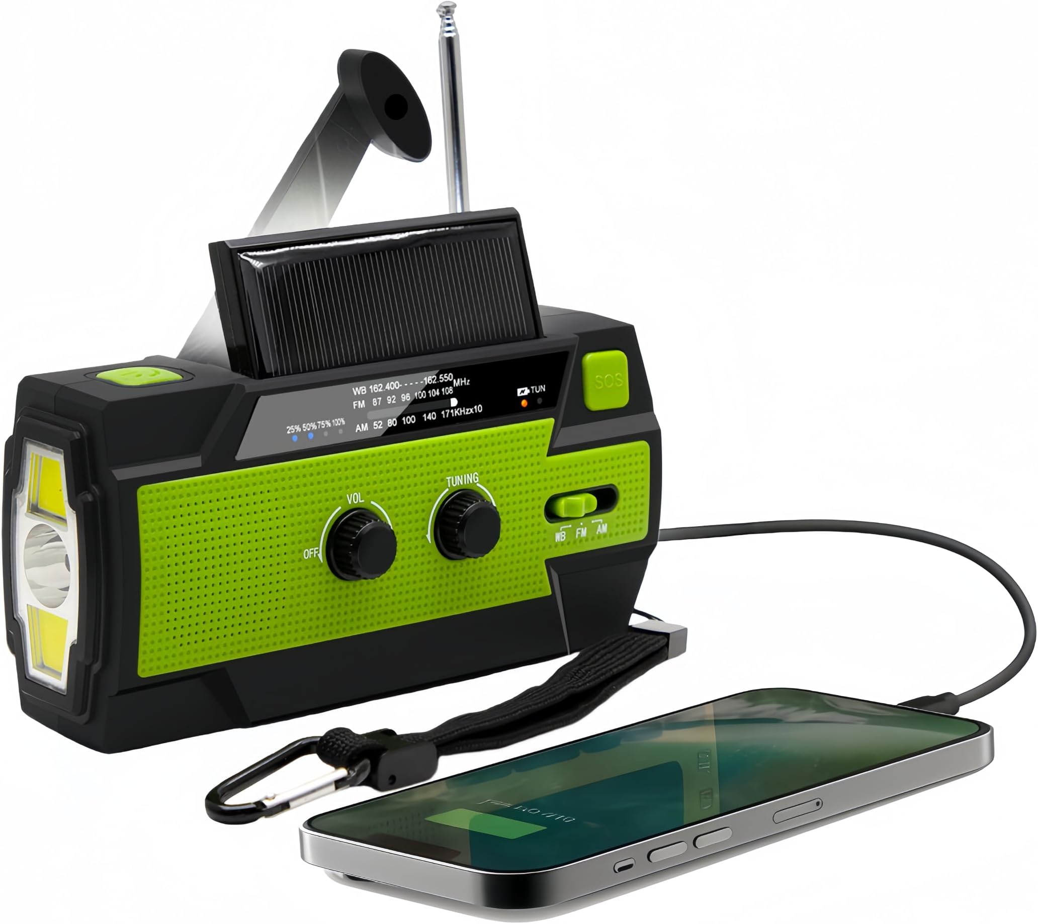 JALL 【Upgraded】 Emergency Weather Radio, Hand Crank, 5000mAH, Portable, Solar Charging, with AM/FM/NOAA, 3 LED Flashlights, Motion Sensor, Reading Lamp, SOS Alarm, Rechargeable (Green)