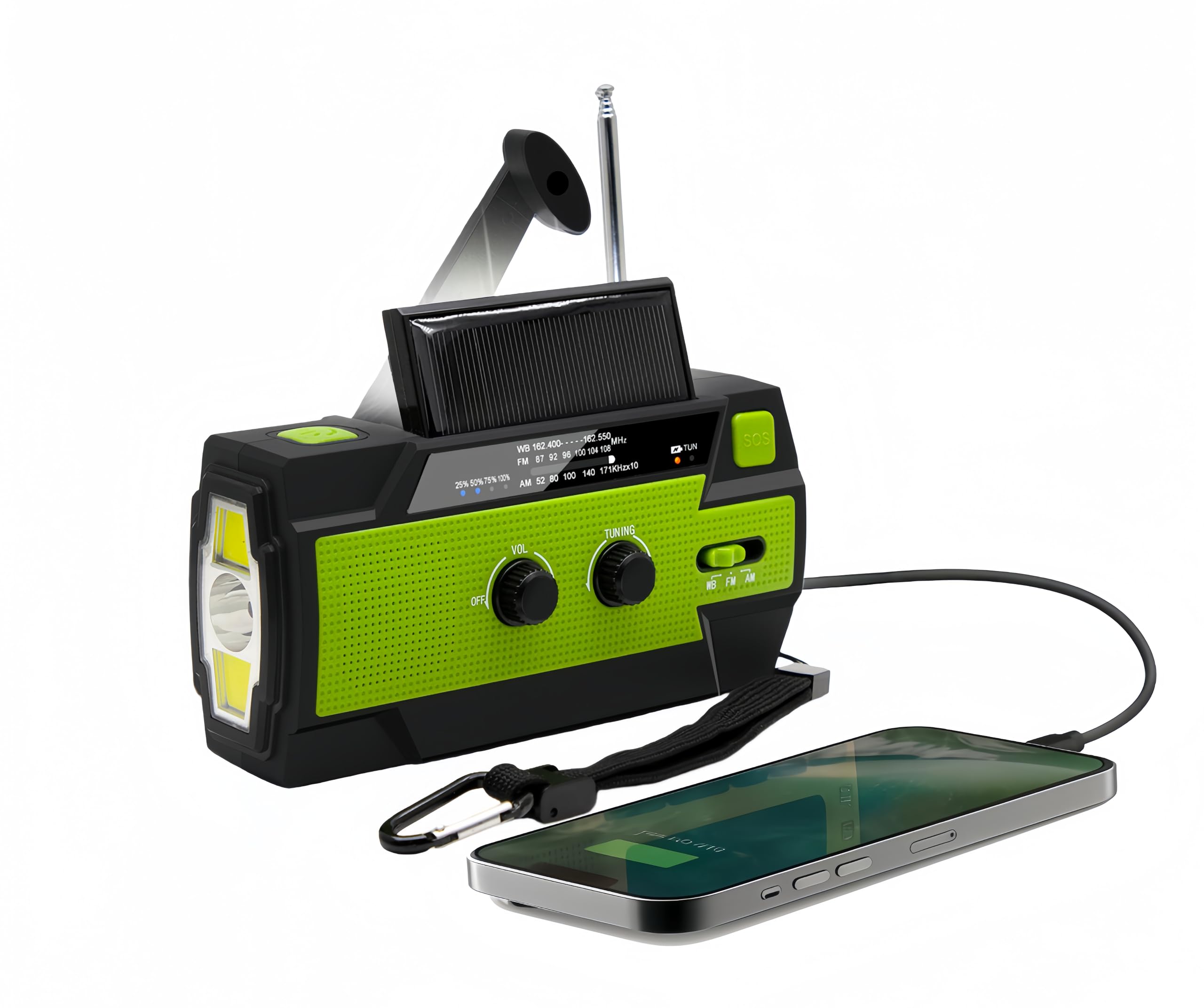 JALL 【Upgraded】 Emergency Weather Radio, Hand Crank, 5000mAH, Portable, Solar Charging, with AM/FM/NOAA, 3 LED Flashlights, Motion Sensor, Reading Lamp, SOS Alarm, Rechargeable (Green)