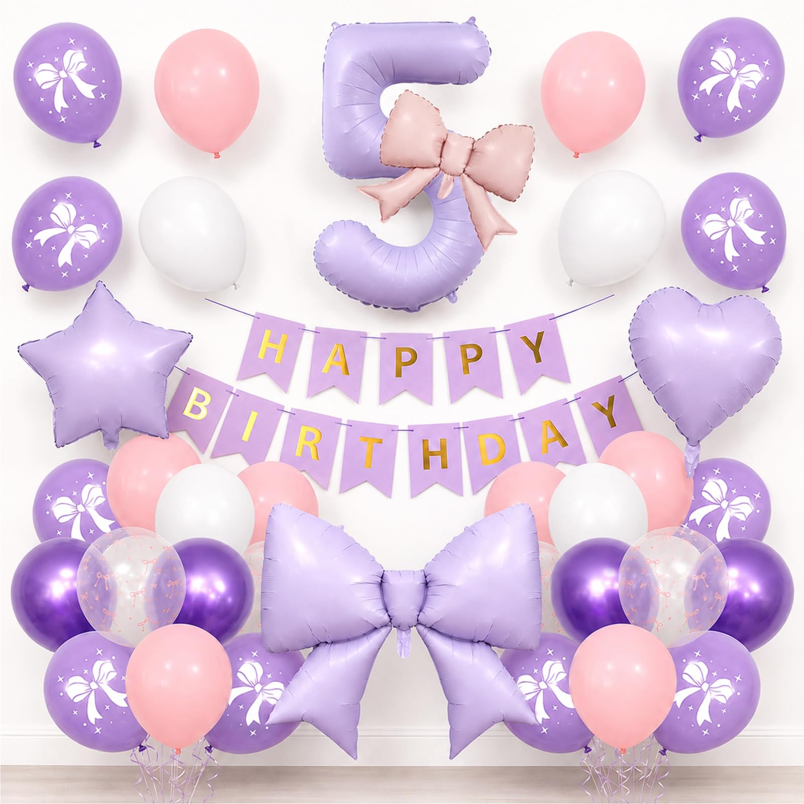 5th Birthday Decorations Girls Purple Bow Balloon Set with 40 Inch Number 5