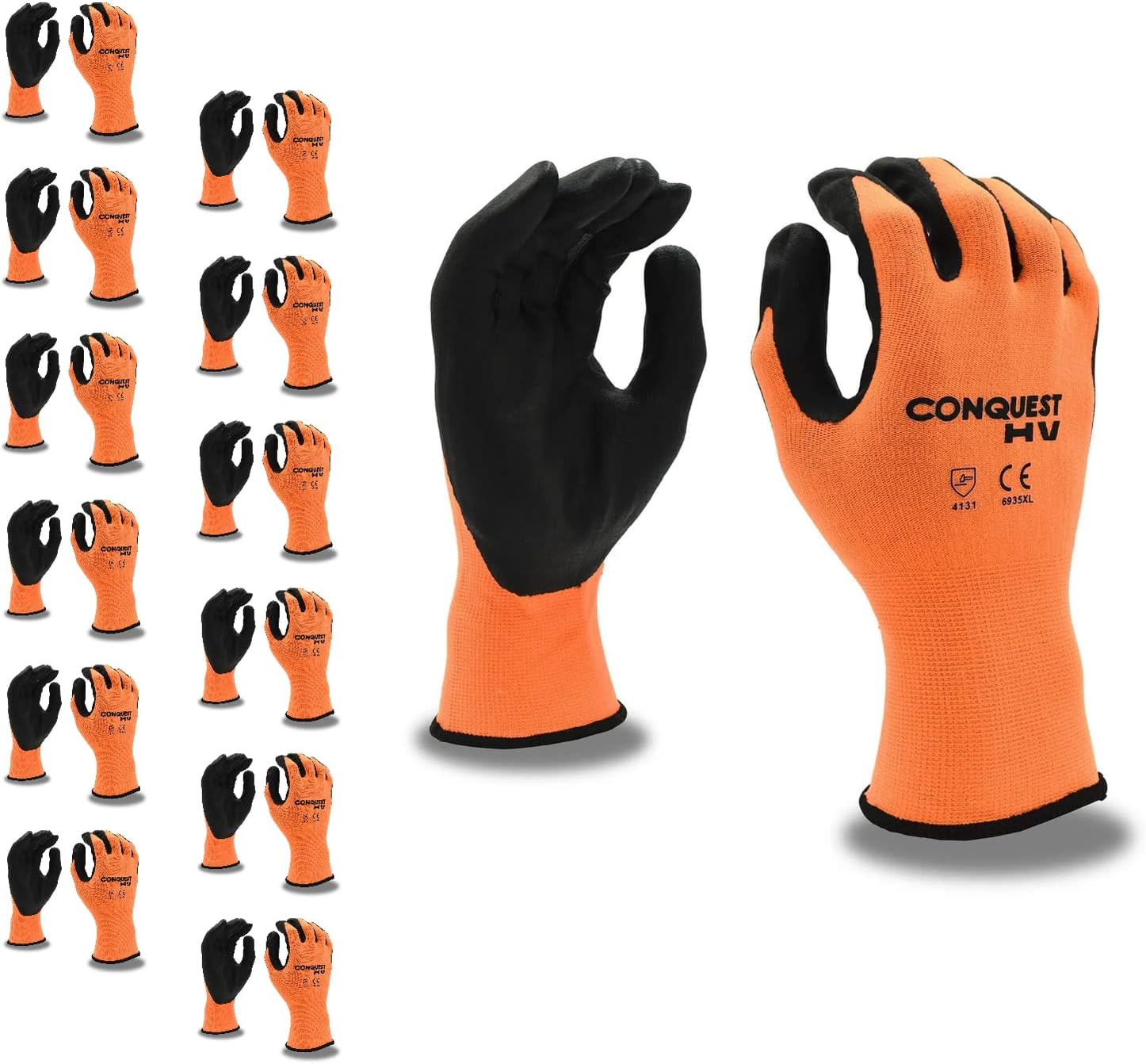 Cordova 6935 Conquest HV Hi-Vis Work Gloves with Micro-Foam Nitrile/PU Palm Coating, 15-Gauge Nylon/Spandex Shell, Oil-Resistant & Durable, Large, 12-Pack