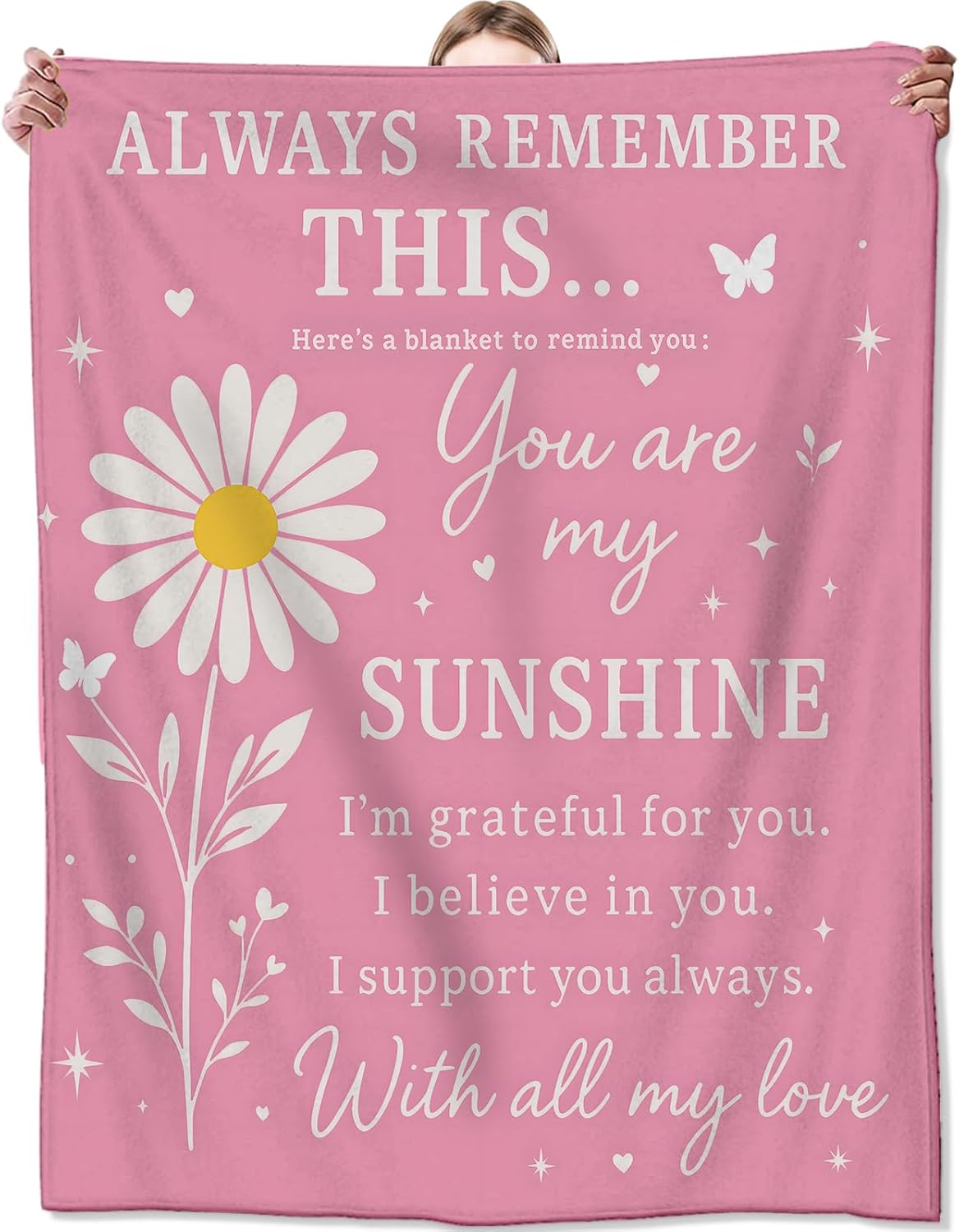 Daisy Flower Blanket,Inspirational Gifts for Girls Women,Soft Lightweight Flannel Throw Blankets,Floral and Sunshine Quote on Pink Throws Home Decor,for Camping Living Room Office,60x50inch