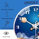 QINFIEY 12 Inch Mouvement silencieux Horloge murale pour enfants, Non Ticking Enfants Horloge murale ronde Batterie exploitée Space Style de voyage Décor enfants Horloge pour la maison école garçons chambre à coucher salon (blanc)