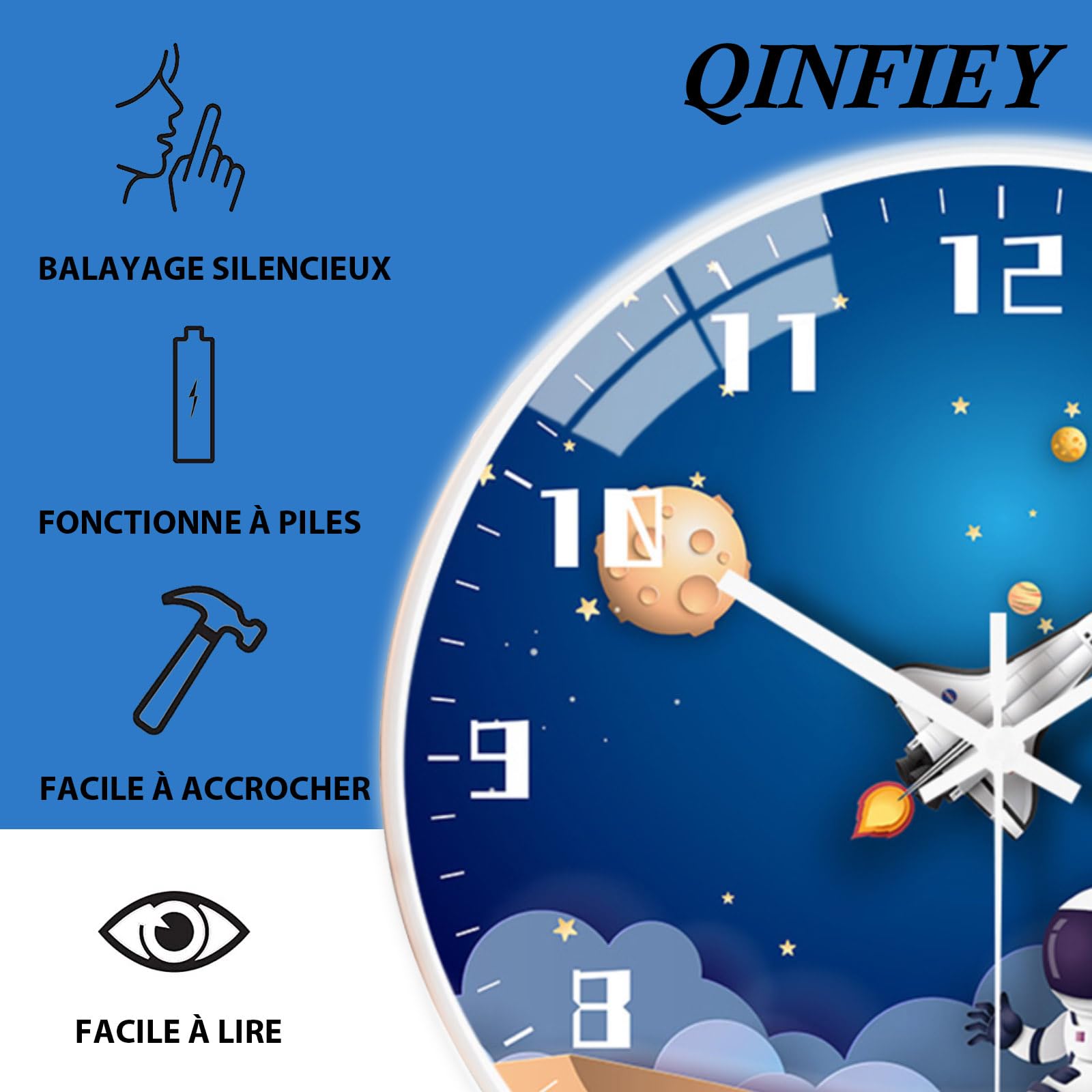 QINFIEY 30,5 cm lautloses Uhrwerk Kinder-Wanduhr, nicht tickend, runde Wanduhr, batteriebetrieben, Raum, Reisestil, Dekoration, Kinderuhr für Zuhause, Schule, Jungen, Schlafzimmer, Wohnzimmer (weiß)