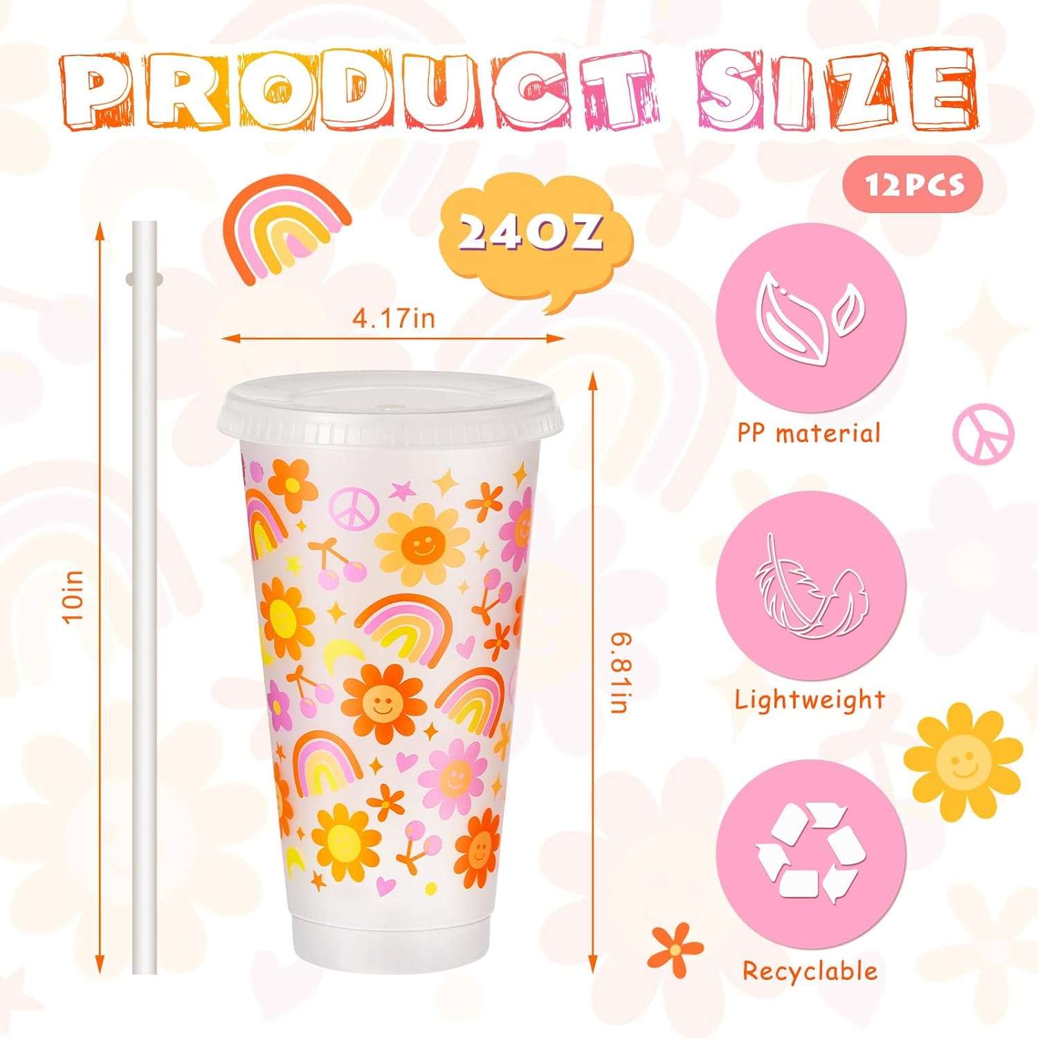 Uiifan 12 Pcs Groovy Plastic Cups Groovy Party Decorations Plastic Tumbler with Lid and Straw 24oz Reusable Boho Retro Hippie Cups for Hippie Birthday Party Wedding Decorations - Image 2