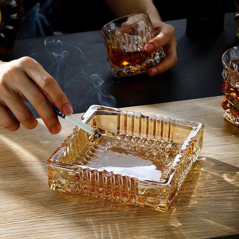 Handmade Glass Ashtray, Ashtray Ash Holder for Indoor or Outdoor Patio Desktop Office Smokers, Ash Tray for Tabletop Home Office Decor (Amber, XL)