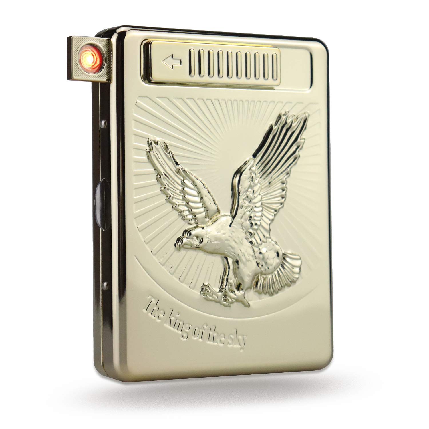 20PCS Set Metal Cigarette Case Holder Arc Lighter with 3D Eagle Design Rechargeable Electric Arc Lighter Windproof Flameless USB Cigarette Case Lighter Perfect Gift for Men and Your Friends (Gold)