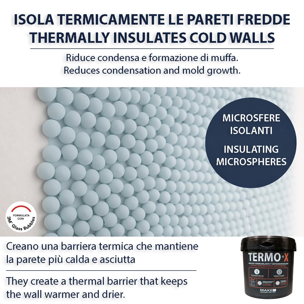 MAKE Pittura Antimuffa Termica Interni 4 L - Pittura Anti Condensa per Pareti Fredde - Stop Muffa Bagno Cucina - Microsfere 3M Isolanti - Copre 24 m² - Bianco Opaco