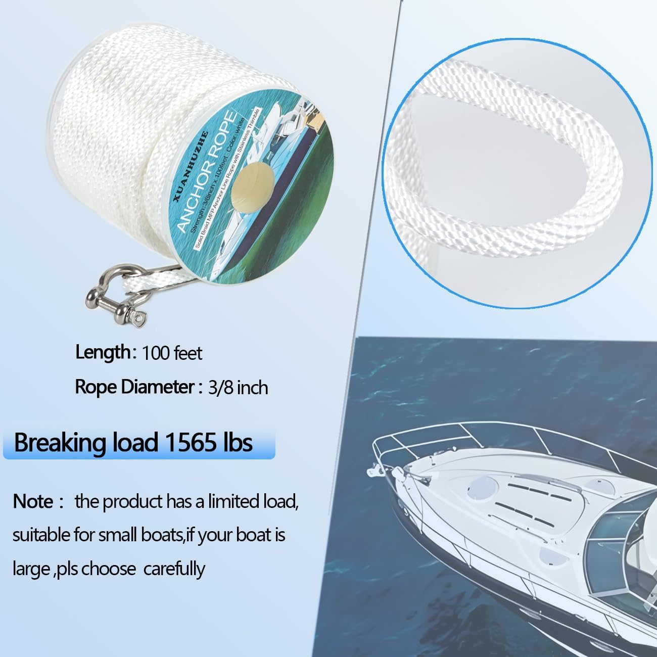 100 ft x 3/8 inch Anchor Rope, Braided Anchor Line Premium Solid Braid MFP Boat Anchor Rope with Stainless Steel Thimble & Shackle, Marine Rope, Boat Accessories-White