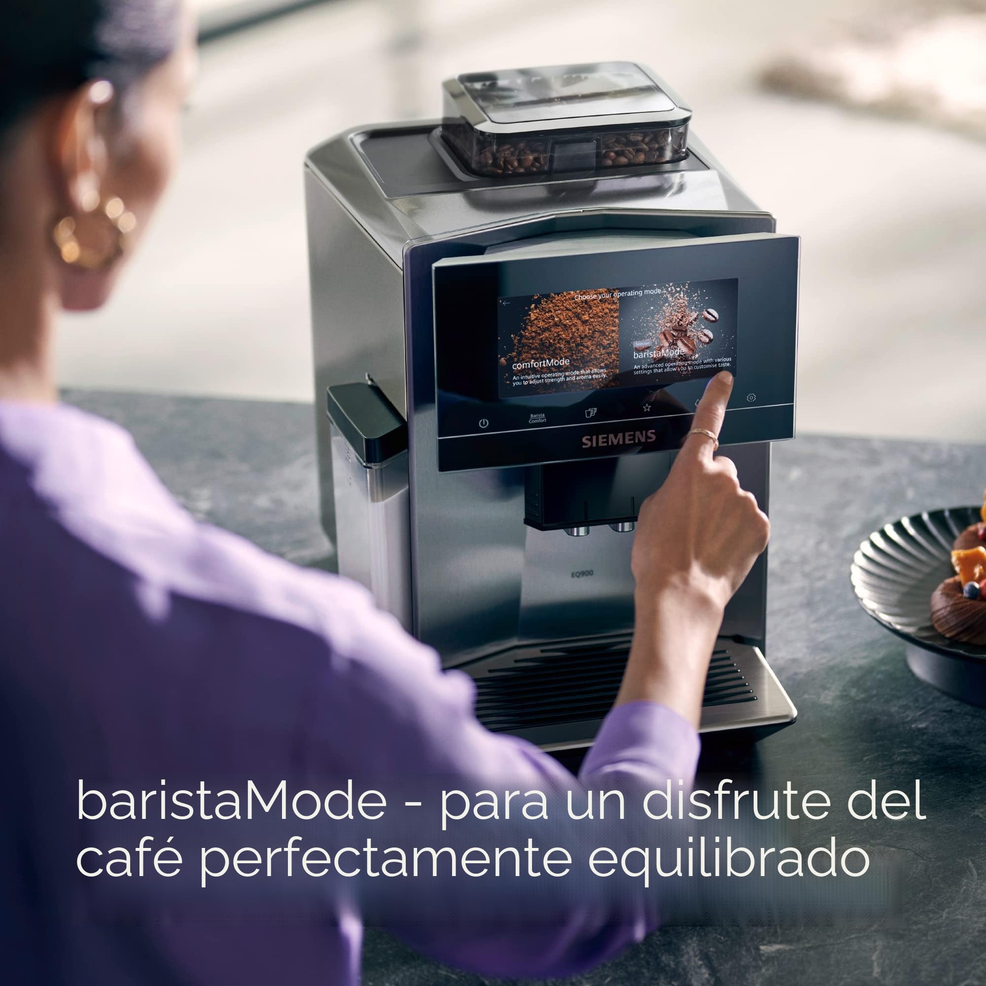 Siemens Máquina automática de café EQ900 TQ903D03, control por aplicación, pantalla táctil intuitiva, modo barista, AromaBoost, reducción de ruido, trituradora premium, limpieza automática de vapor,