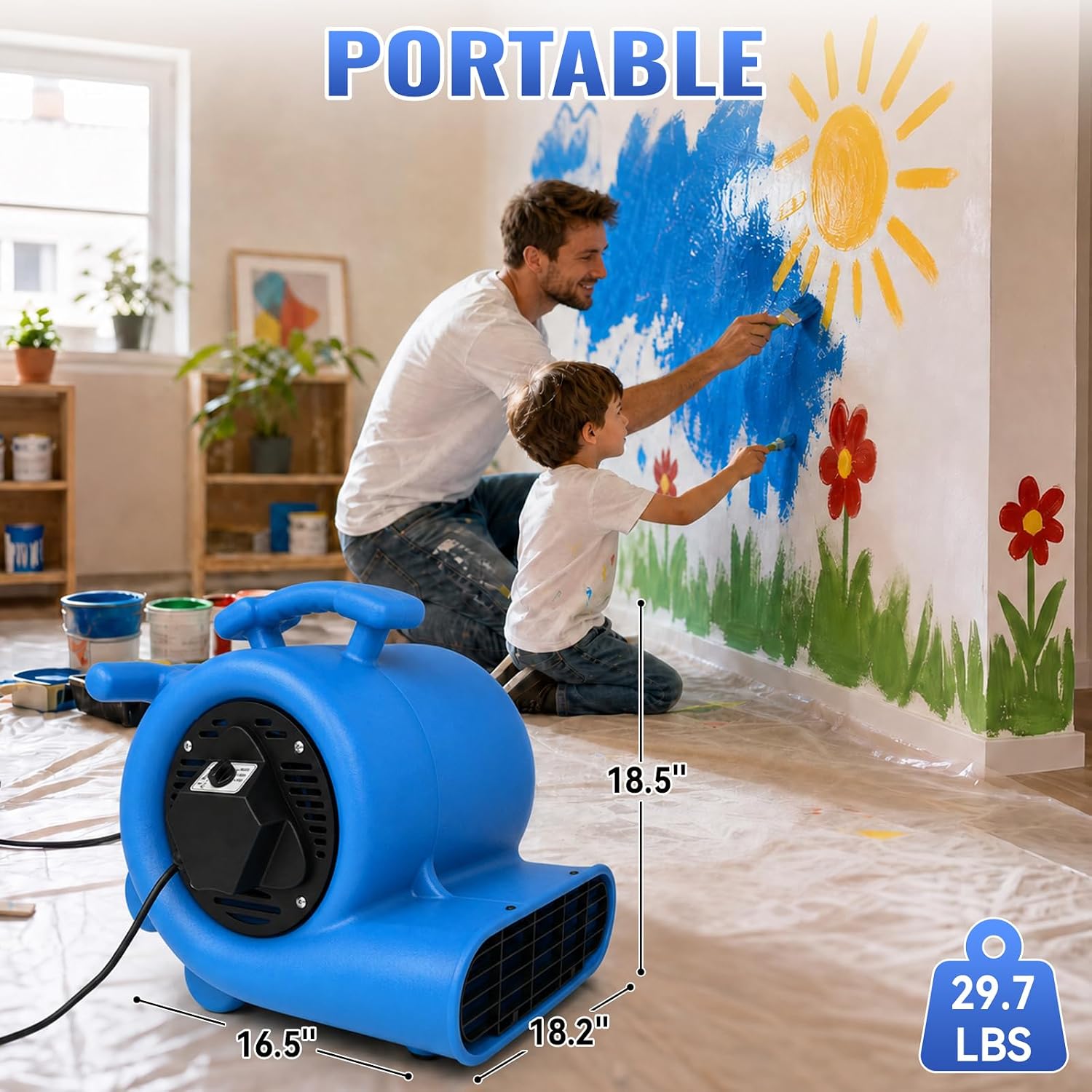 Air Mover 1 HP 4000 CFM, Portable Utility Blower Fan, Centrifugal Floor Drying Fan, Stackable, for Water Damage Restoration, Janitorial, Home, Commercial Use