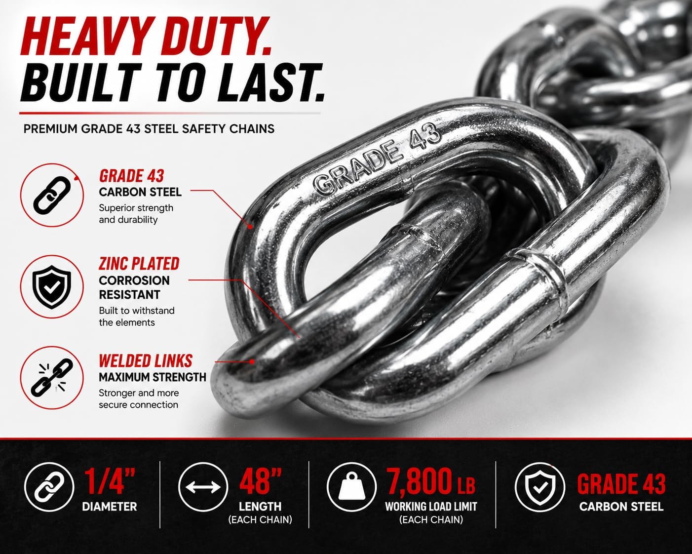 48" Grade 43 Heavy Duty Trailer Safety Chain – 1/4" Tow Chain with S Hooks on Both Ends, 7,800 lb Capacity for Utility Trailers, RVs & Towing