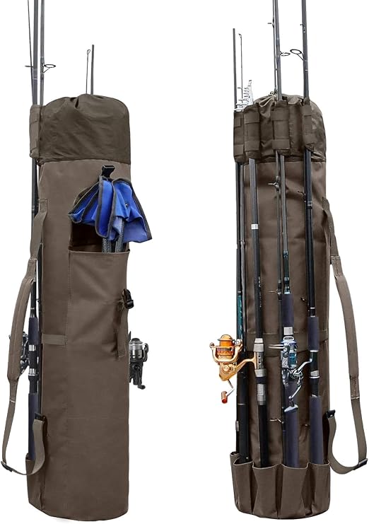 Allnice Durable Canvas Fishing Rod & Reel Organizer Bag Travel Carry Case Bag- Holds 5 Poles & Tackle