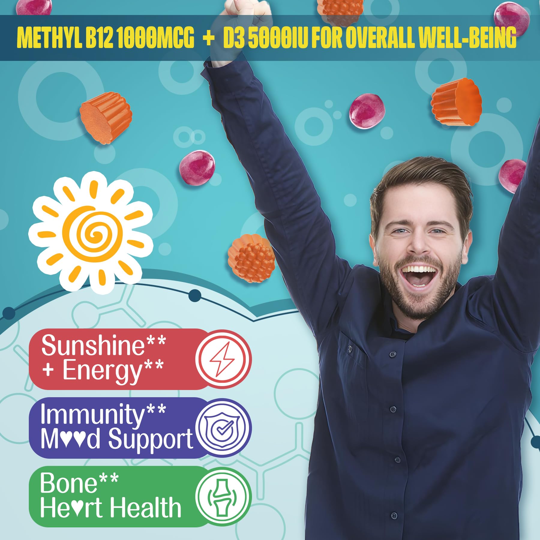 Focus Memory & Energy Gummies, L-Tyrosine + Methyl B12 1000mcg, B6 50mg, D3 C, Lion's Mane Mushroom, for 15+ Students, Office Worker, Multivitamin, Herb Blend for Seniors Brain & Cognition, Sugar Free — Amazon image 6