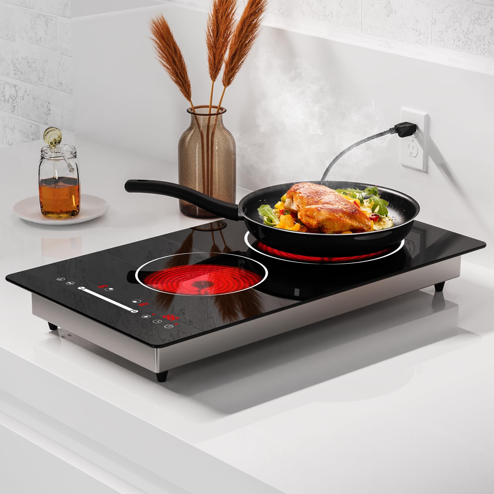 Plaque de cuisine électrique à deux feux infrarouges pour cuisiner, cuisinière de 3000 W Domino à insérer, cuisinière à deux éléments chauffants, cuisine intégrée à 230 V