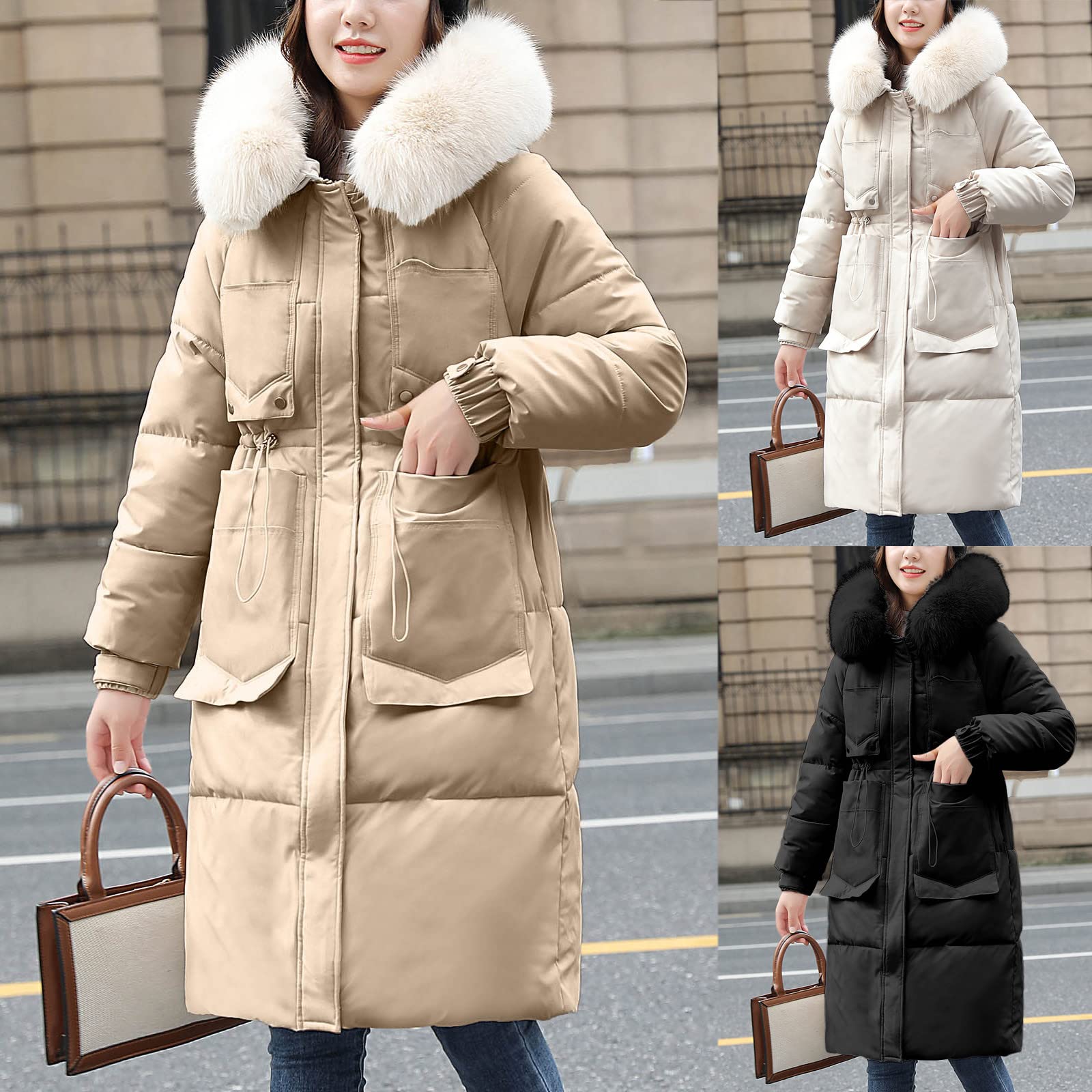 Abrigo largo de invierno para mujer con pelo, parka larga, abrigo de piel sintética, cuello con capucha, cálido, forrado, cortavientos, para exterior, longitud hasta la rodilla, M - XXL