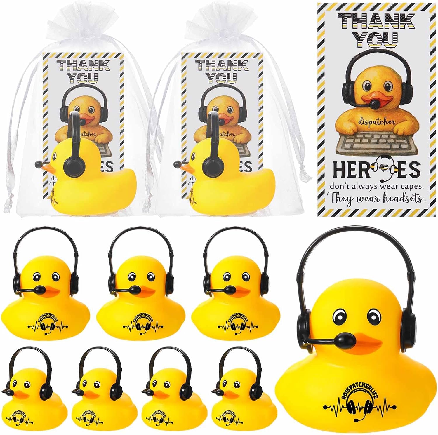 Deekin 100 Sets 911 Dispatcher Week Appreciation Gifts Bulk Telecommunicator Rubber Ducks with Headphone Thank You Card and Bag for 911 Dispatchers Firefighter Police Officer First Responder