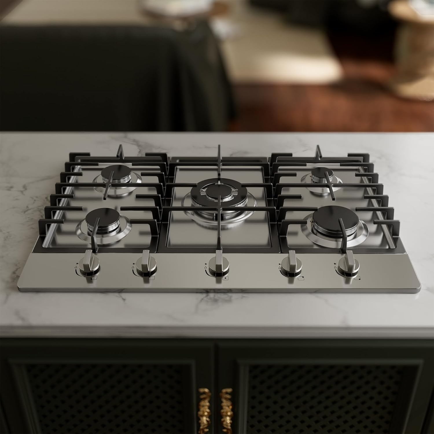 Gas Cooktop 30 inch with 5 Sealed Burners, Stainless Steel Built-in Stove Top, NG/LPG Convertible, Dishwasher Safe Cast Iron Grates, 38K BTU