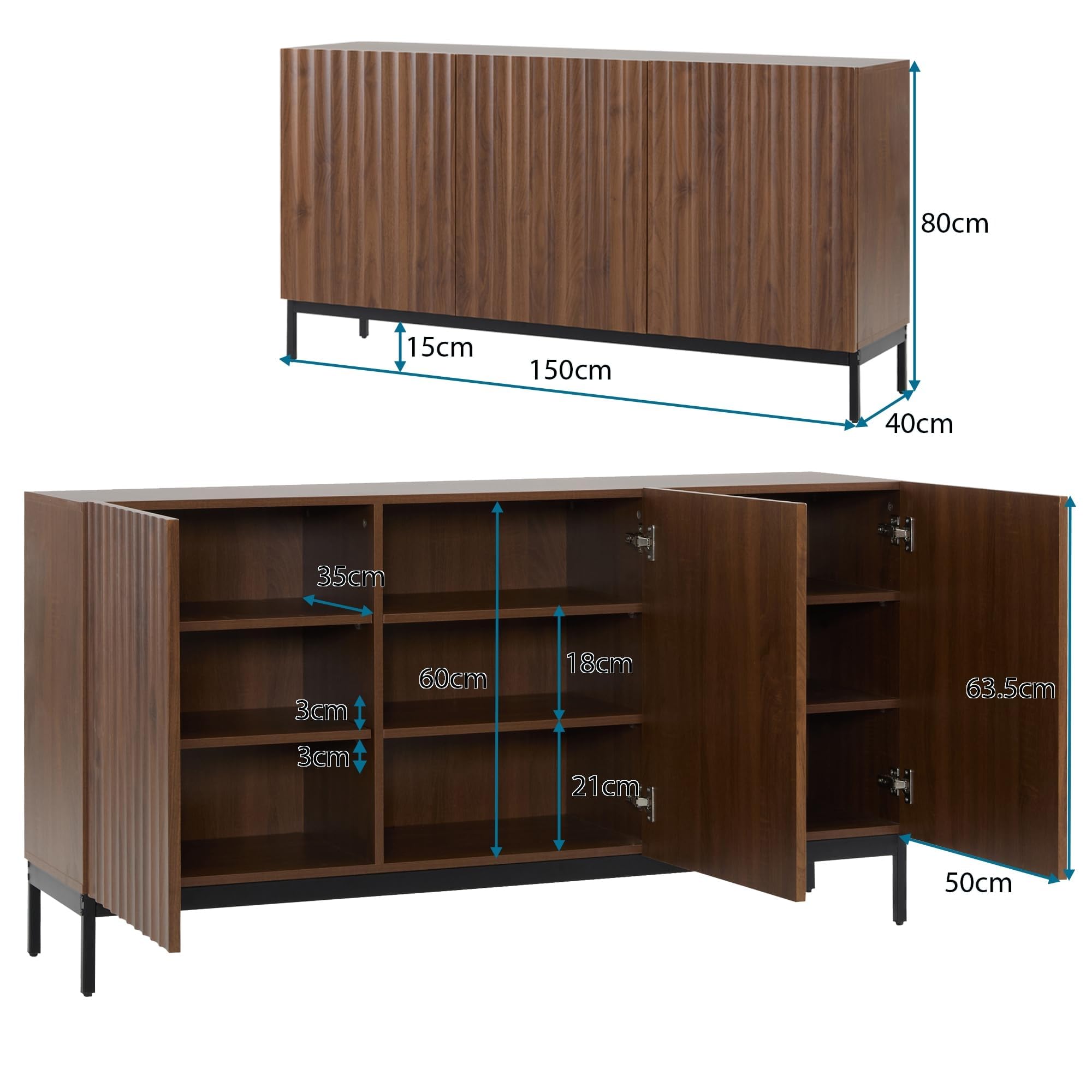 150x40x80cm, aparador en roble oscuro, mueble decorativo moderno de mediados de siglo, 3 puertas, diseño ondulado, estantes ajustables, elegante mueble contenedor para salón, comedor, oficina
