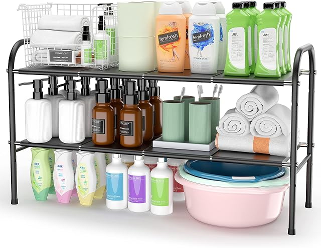 W&H Under Sink Storage Kitchen Organiser Shelf - 2 Tier Expandable Black Storage Unit, Stainless Steel Metal Shelves for Storage, Multifunctional Kitchen Cupboard Storage Solutions