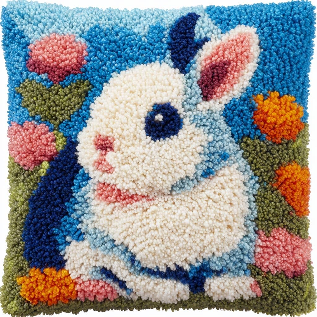 Taxpy DIY Latch Hook Kits, Rabbits and Flowers Cushions Pillow Case Embroidery Carpet Set Needlework Crocheting Cushion Embroidery Set 43x43cm