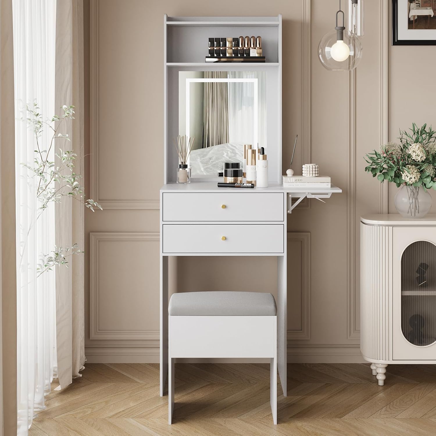 White Compact Vanity Desk Set with Adjustable Mirror and Storage Bench