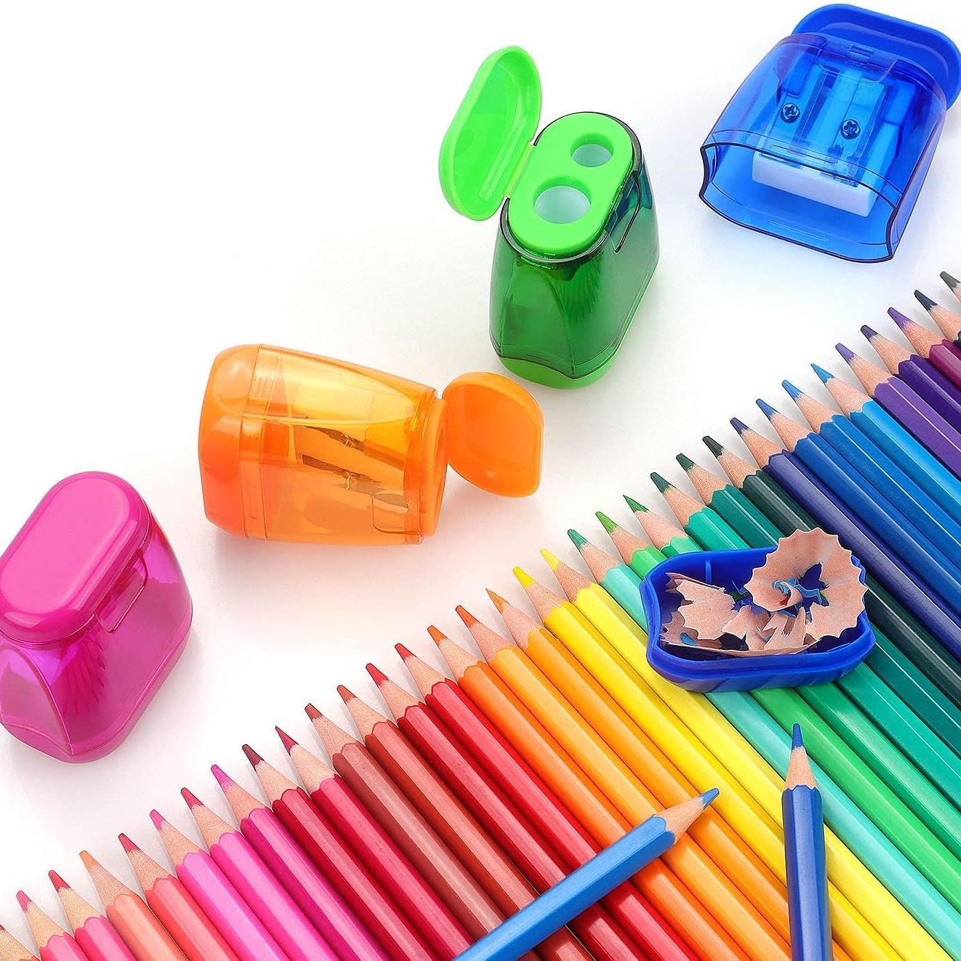 Pack 4 Sacapuntas Con Recipiente - Doble Orificio, Tapa, Colores, Para Lápices Y Crayones