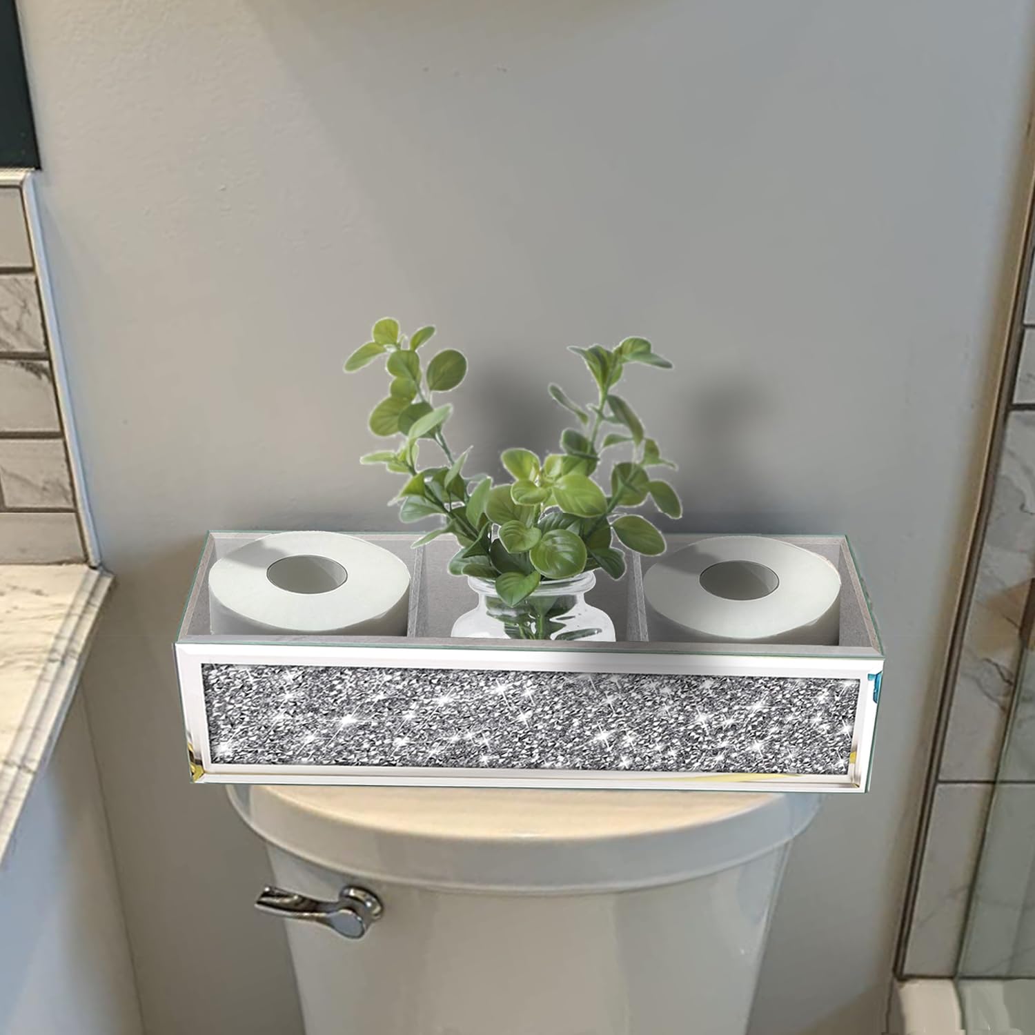 Wocred Badezimmer-Korb, WC-Tank-Upgrade, zerkleinerter Diamant, verspiegeltes Badezimmer-Tablett, Wandmontage, 3-lagige Trennwände, Aufbewahrungs-Organizer für Kommode, Schlafzimmer, Badezimmer,
