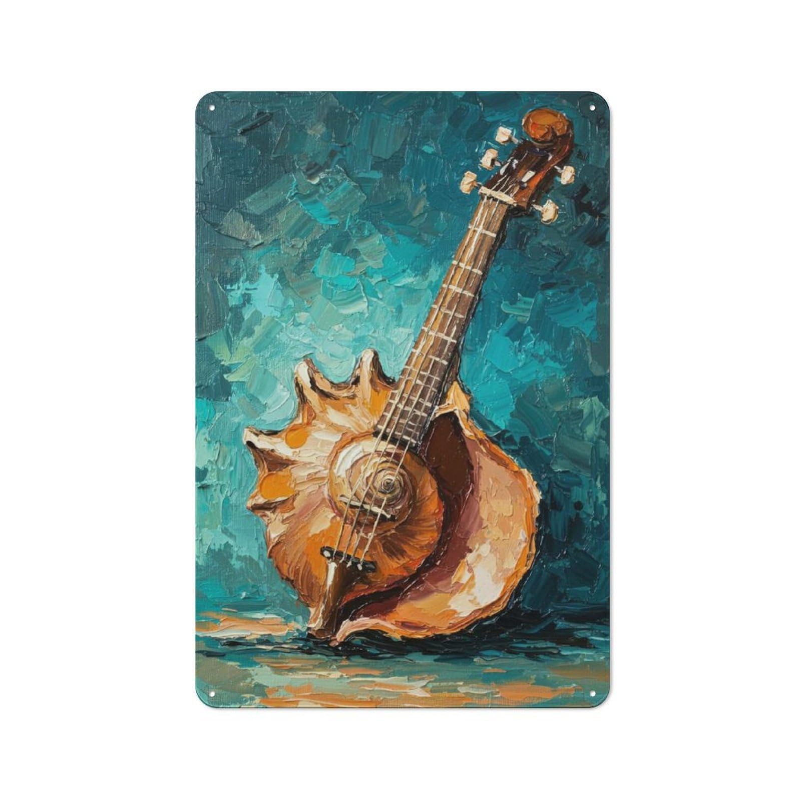 Junmoney Seashell Guitar Oil Painting Clean Industrial Metal Wall Decor 30X20cm, Industrial Metal Sign For Workspace, Cafe, Hallway Or Garage