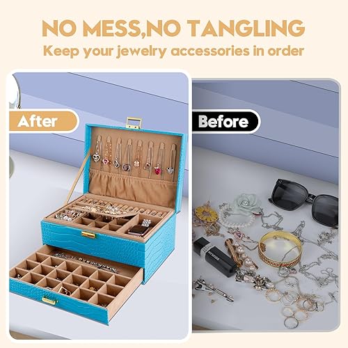 Miniatura 4 de Gifturbo Caja organizadora de joyas para mujeres y niñas, cajas de joyería de piel sintética azul, 3 capas de joyería, caja de regalo para pulseras,