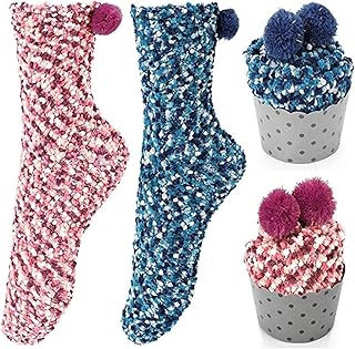 2 paires de Chaussettes Fantaisies Drôle à Vin de Luxe pour Femme avec Cupcake Emballage Chic Drôle DIY Cadeaux Noël Fête Cadeau d'Anniversaire - Bleu/Rose, Taille Unique