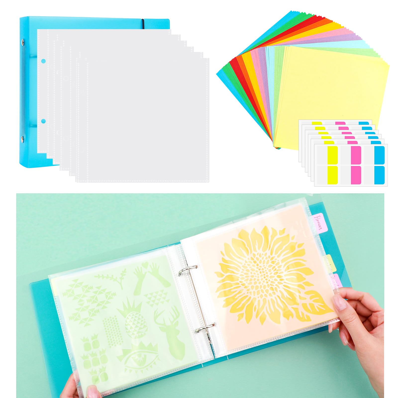 Cookie Stencil Storage Binder for Storage 6x6inch Stencils,Die Cuts,DIY Scrapbooking,Clear Stamp,Storage Folder Organizer Include 1 Blue Cover,50 Sleeve,50 Backing Paper and 10 Sheets Divider Tabs