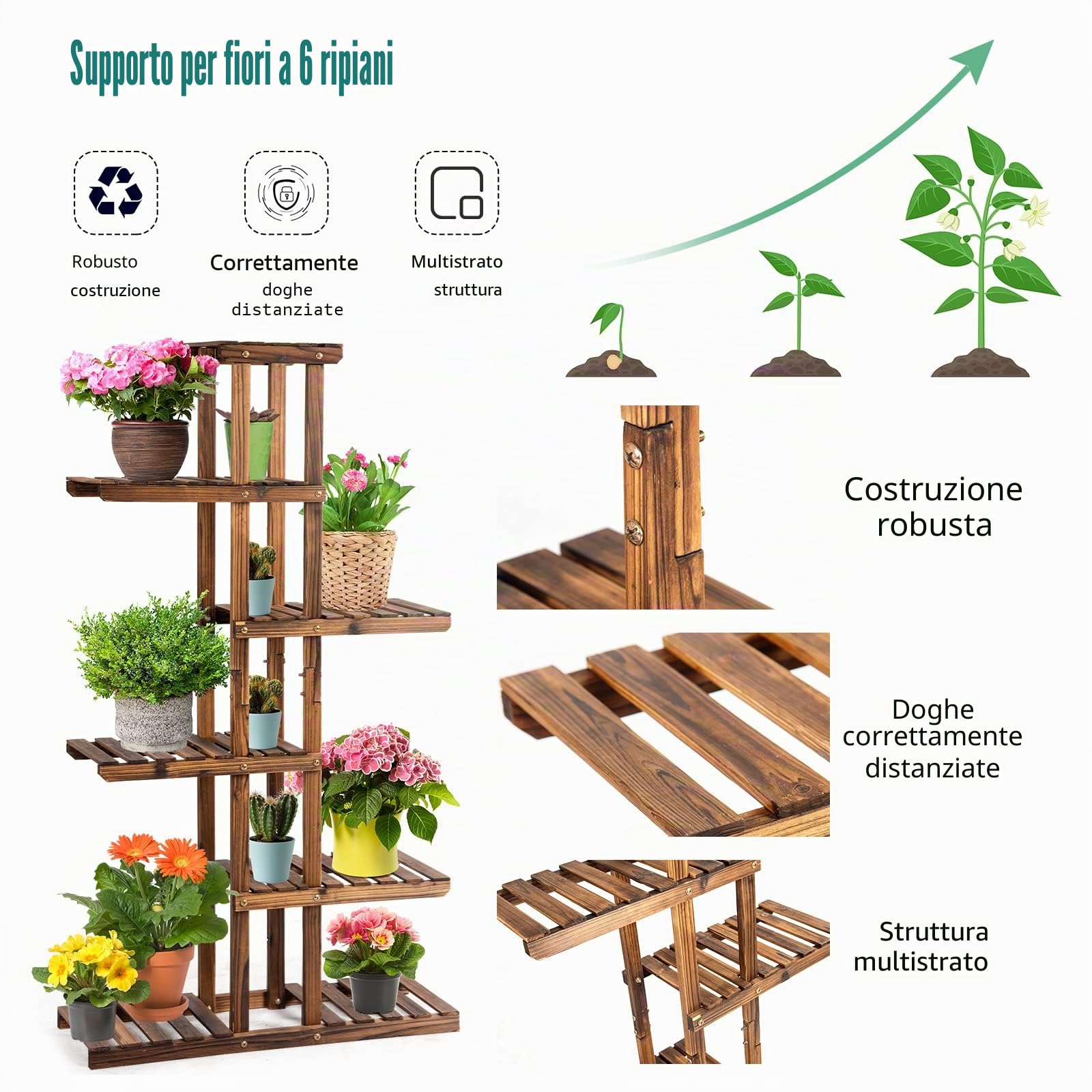 KOMFOTTEU Scala per fiori a 6 ripiani, in legno, resistente alle intemperie, scaffale per fiori multistrato per balcone, giardino, terrazza, 75 x 25 x 140 cm