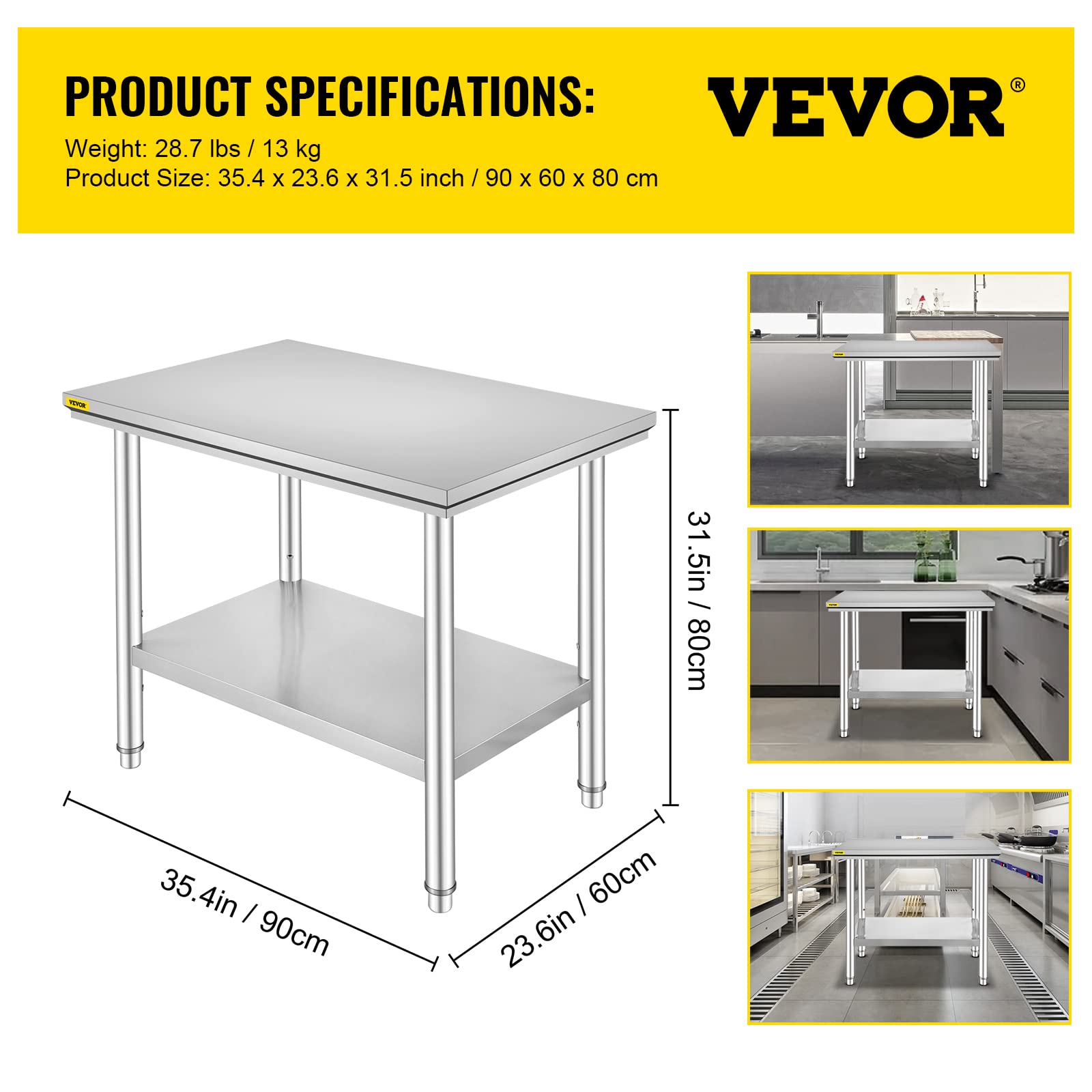 VEVOR 60x90x80cm Table De Travail De Cuisine Professionnelle en Acier Inoxydable Cuisine Table De Travail De Restauration pour Cuisine en Acier Inoxydable (60x90x80cm)