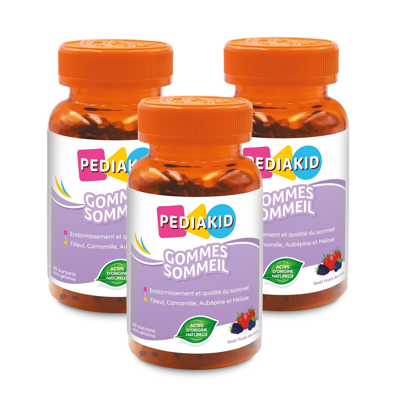 PEDIAKID - Gommes Sommeil - Complément alimentaire - Tilleul, Aubépine, Camomille & Mélisse - Facilite l'endormissement - Favorise un sommeil de meilleure qualité - Sans gélatine - Lot de 3 piluliers