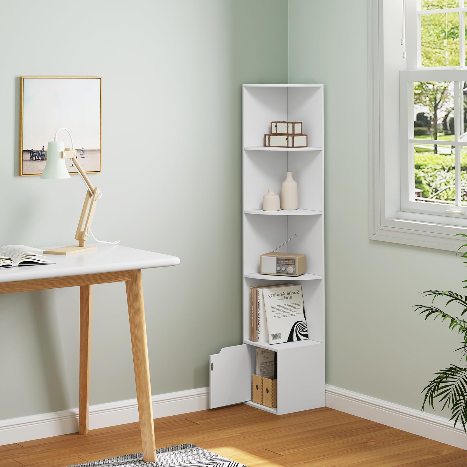 WOLTU Étagère d'angle à 5 Niveaux, Meuble d'angle, Blanc, 1 Placard avec Porte, en Bois d'Ingénierie, SK038ws