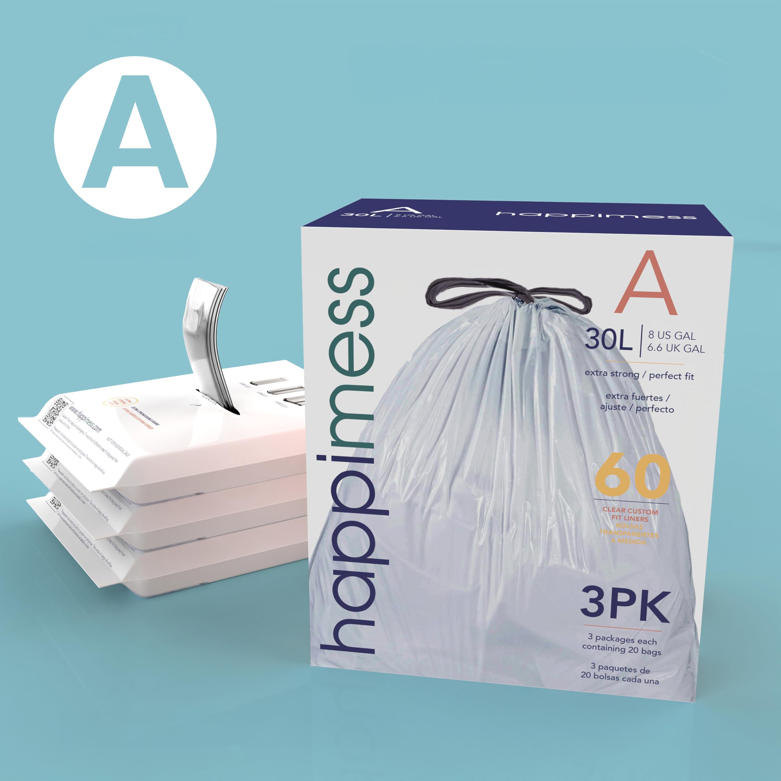 happimess Bolsas de basura con cordón de 8 galones, sin perfume, transparentes, resistentes de LDPE para cocina y hogar, ajuste personalizado, 100 unidades (5 paquetes de 20 forros) HPM3000A-C-5SET
