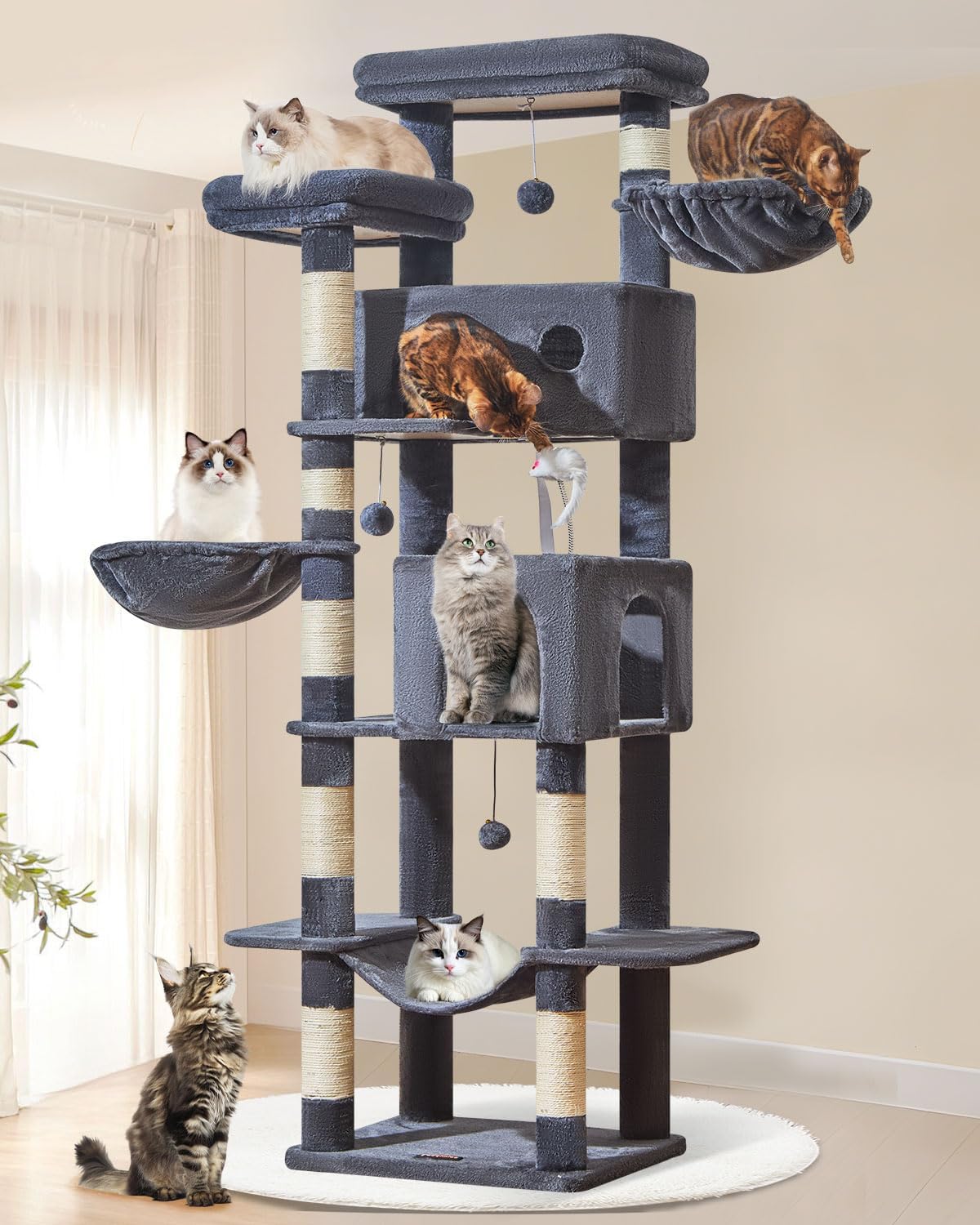 Taoqimiao 76-Inch Cat Tree Tower for Indoor Cats with Scratching Posts, 2 Condos, 2 Perches, 2 Baskets, Hammock, MS046G Smoke Gray