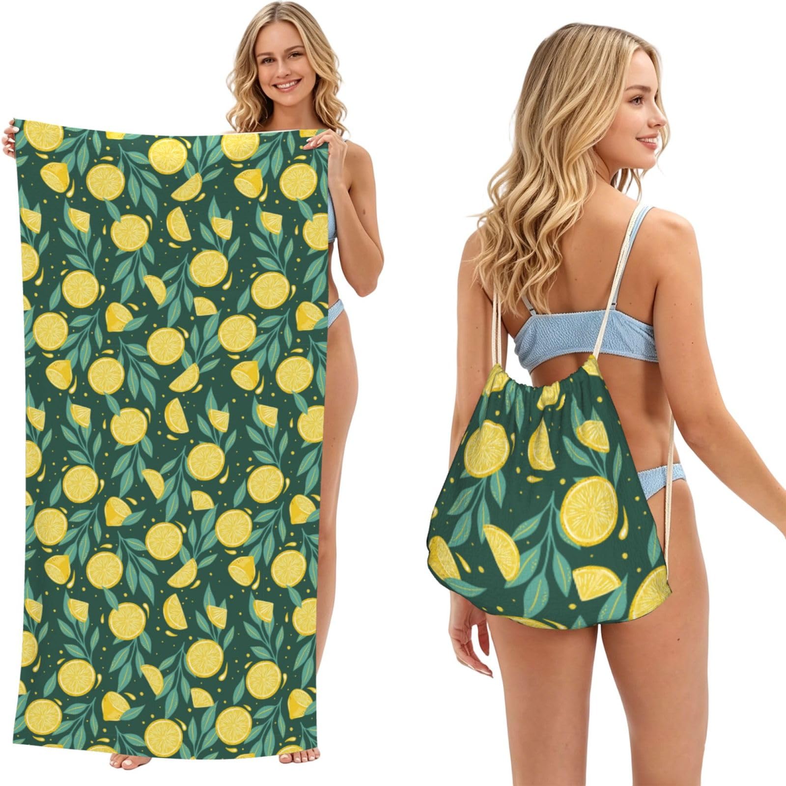 Noble Ren Dark Green Watercolor Lemon 2 In 1 Packable Towel Bag Beach Backpack Unisex Suitable For Travel Picnic Vacation And Camping