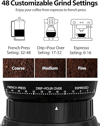 Miniatura 2 de Aromaster Molinillo de granos de café con 48 ajustes de molienda, molinillo de café cónico para uso doméstico, acero inoxidable, temporizador