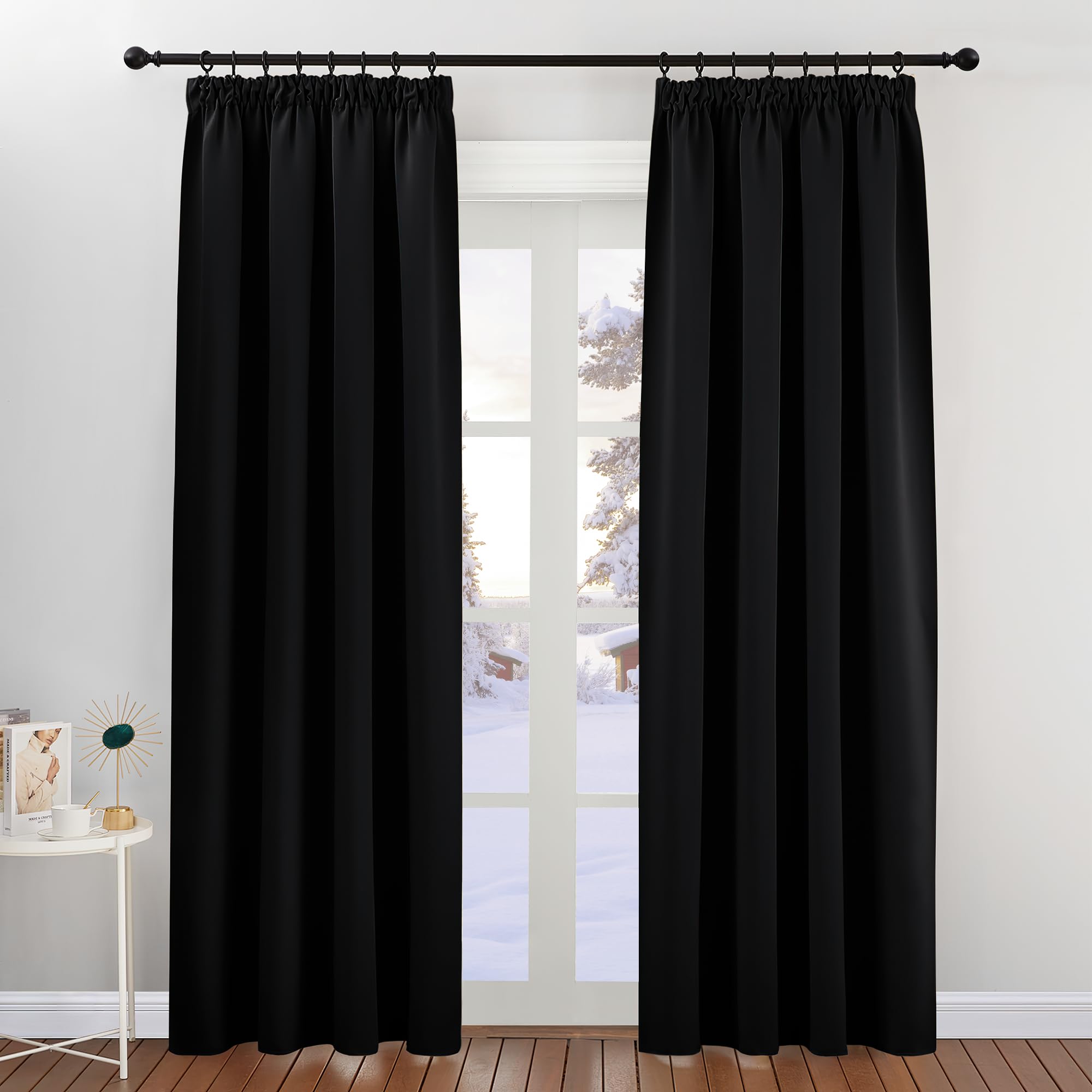 PONY DANCE Cortinas Termicas Aislantes Frio y Calor Cortina Negra Opaca Cortinas Dormitorio Matrimonio para Riel con Ganchos Cortinas Salon Modernas 2 Piezas, 140x200 CM, Negro