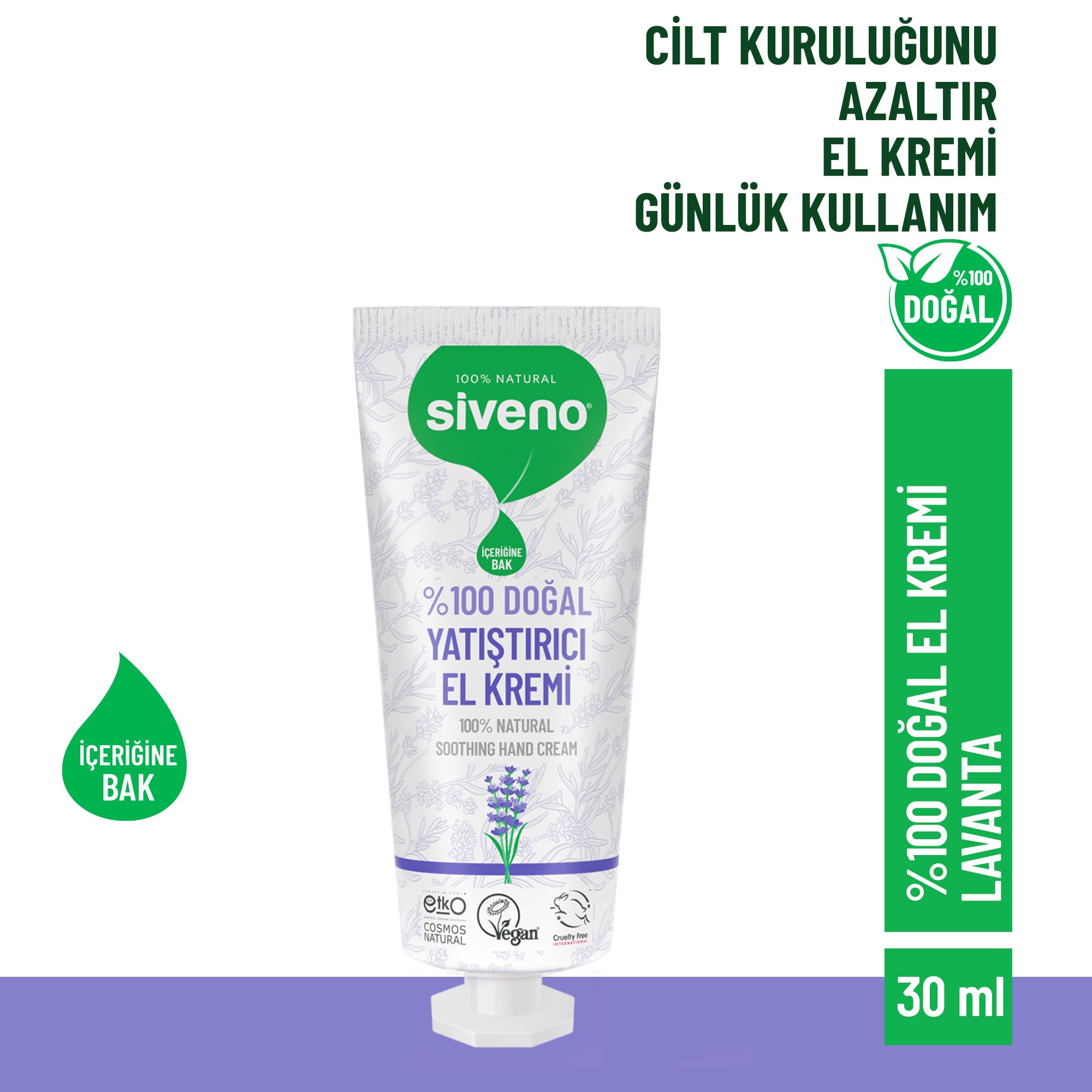 Siveno%100 Doğal El ve Vücut Kremi Lavanta Cilt Yatıştırıcı Onarıcı Yoğun Nemlendirici Vegan 30 ml