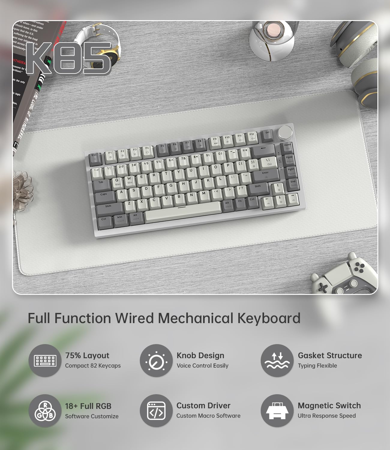 LexonElec x ATTACK SHARK K85 Tastiera Meccanica Rapid Trigger, Switch Magnetico da Gioco, Cloud Driver, Backlit RGB LIGHTSYNC, 75% Tastiera QWERTY TKL Gasket Cablata con Manopola per Win/Mac-Grigio
