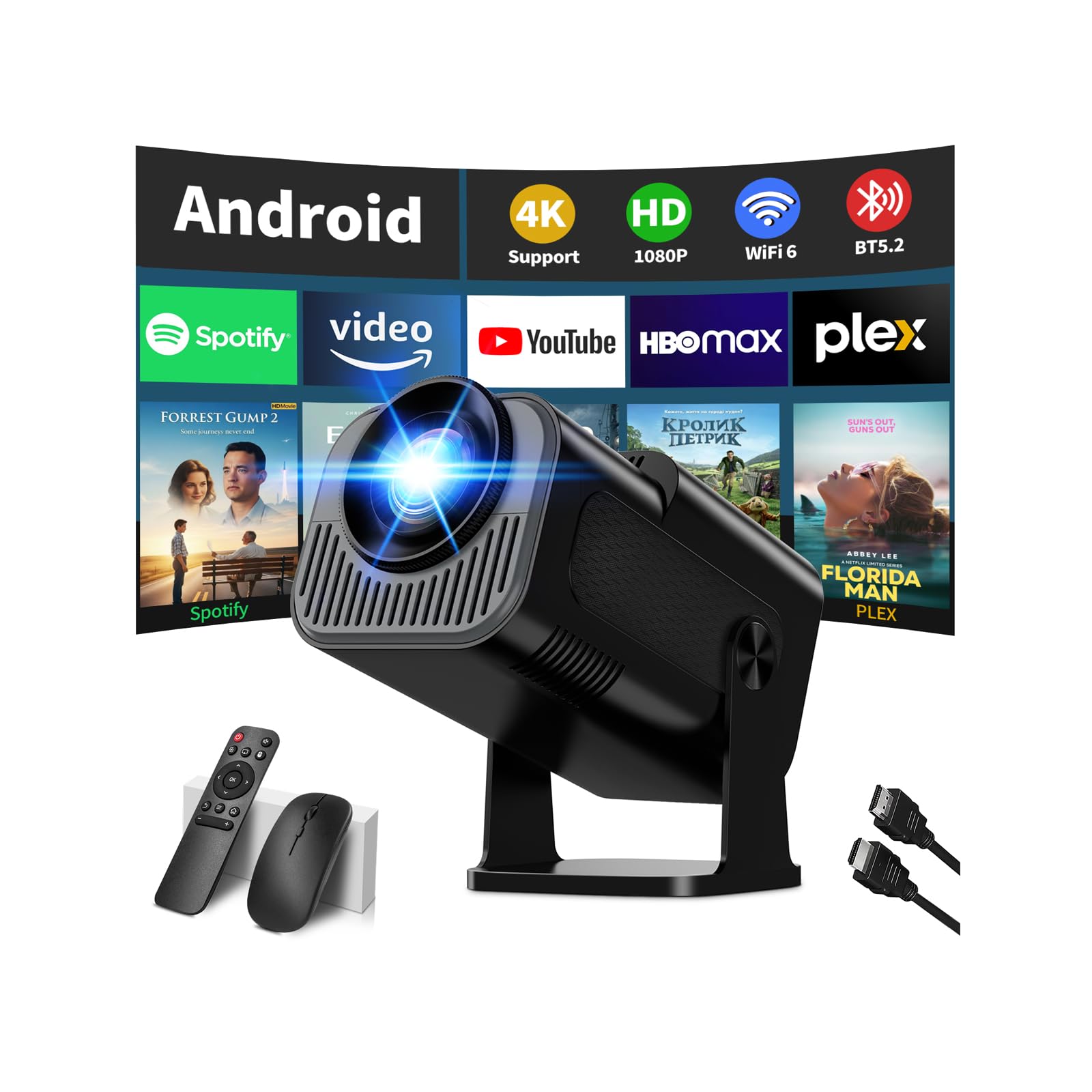 Mini Projector 4K Full HD 1080P Mini Beamer with WiFi 6 and Bluetooth 5.2 & 270°