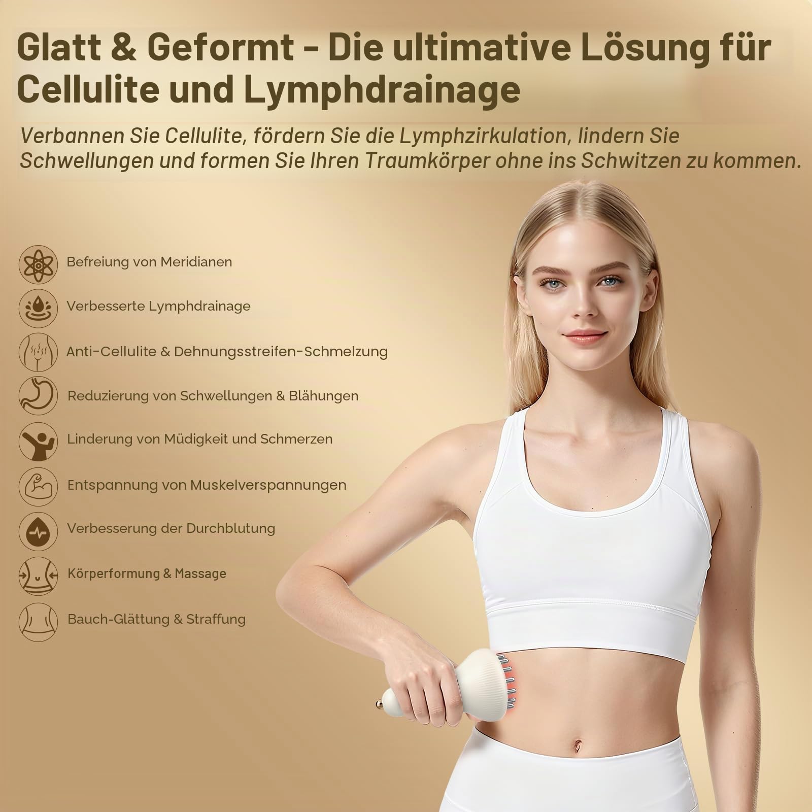 Lymphdrainage Massagegerät Anti Cellulite – 9 Stufen EMS-Mikrostrom & Vibrieren & Wärme, Elektrische Massagegerät Gerät für straffere Haut & bessere Durchblutung, für Bauch, Beine, Arme & Rücken（Weiß）