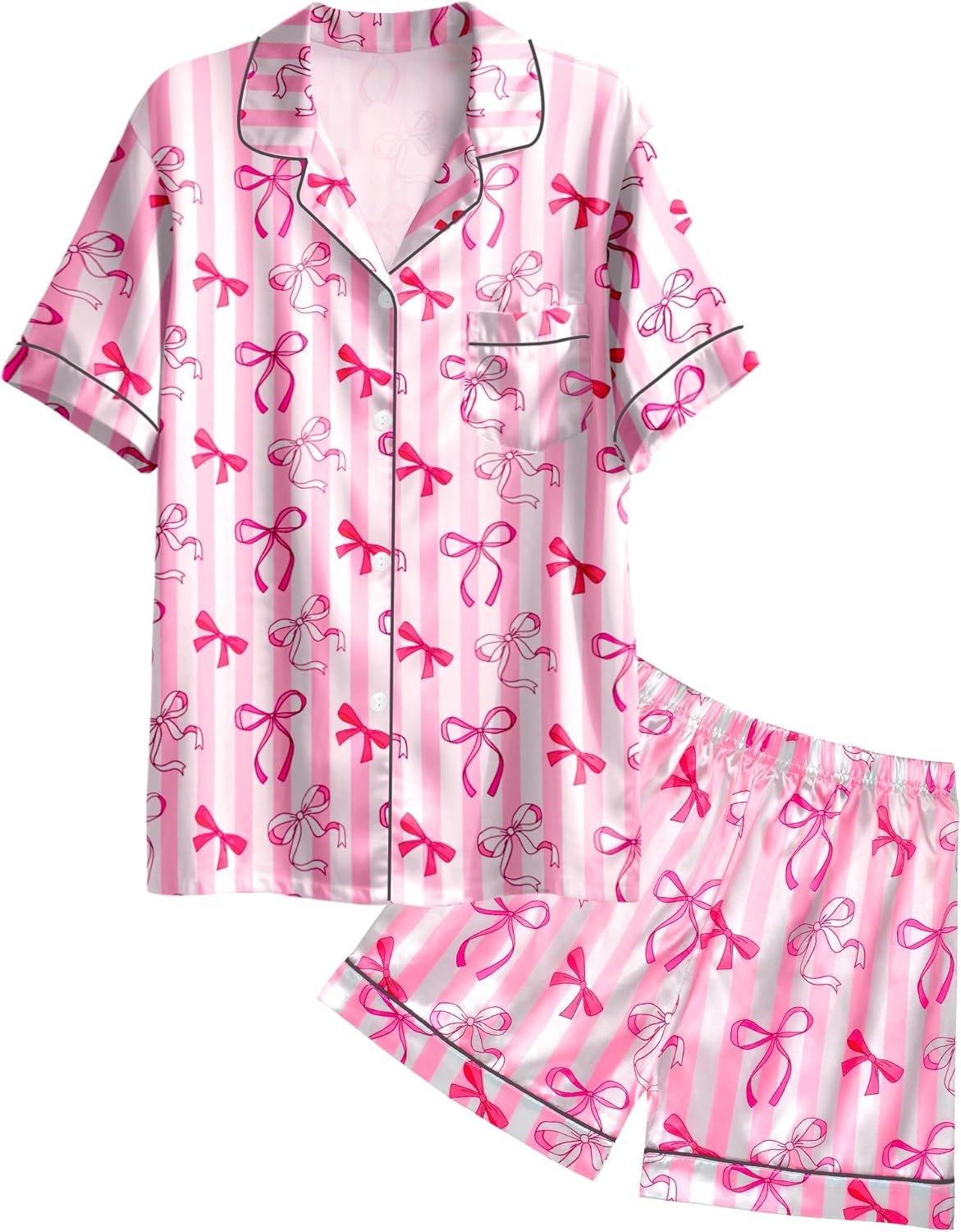 Nidoul Girls Pajamas Satin Pajama Set Silk Pjs Short Sleeve Button Down Summer Bow Sleepwear for Big Kids 7-14Y