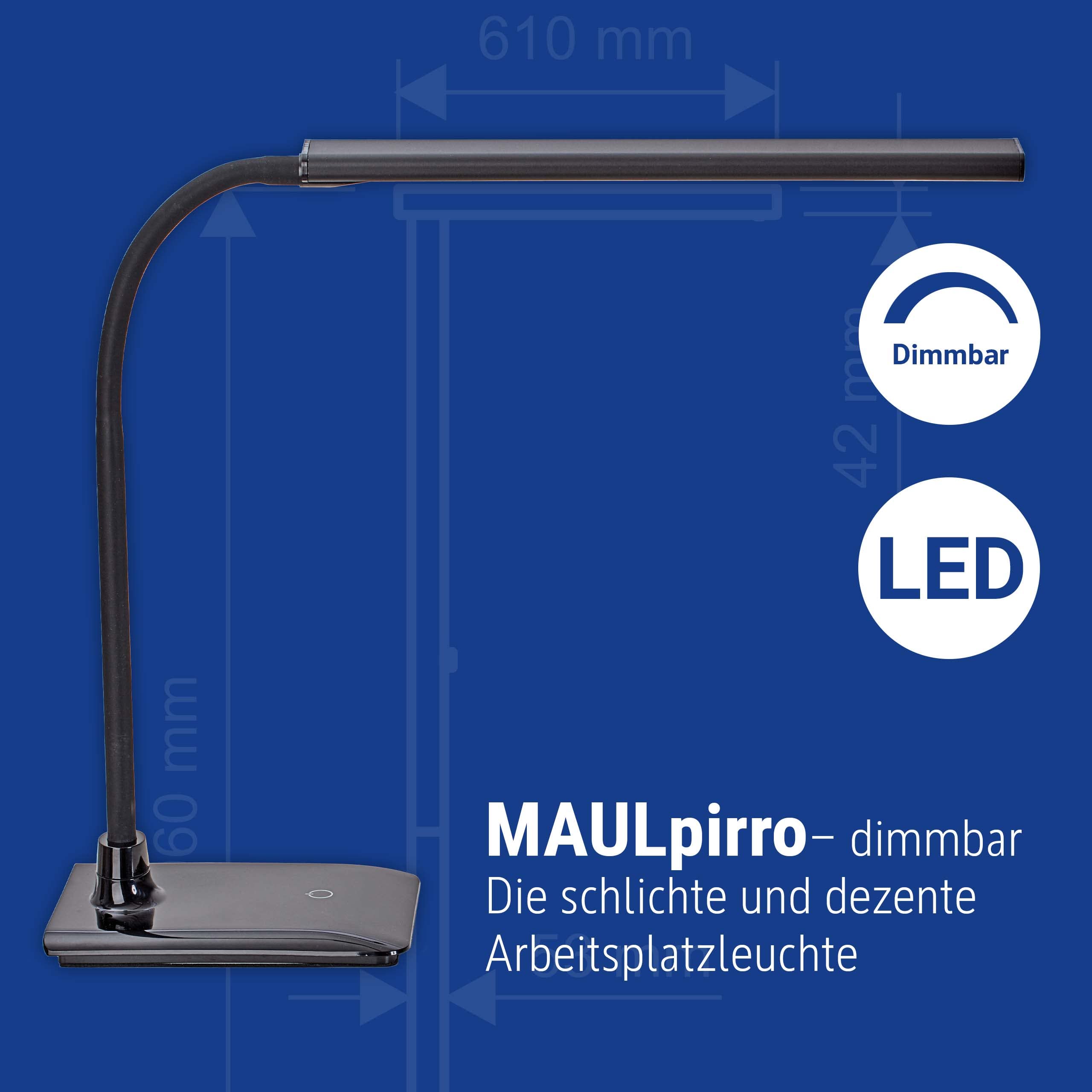 MAUL Lampa biurkowa LED MAULpirro czarna ściemniana z podstawą | przyjemne ciepłe światło, 4 poziomy jasności, intuicyjny panel dotykowy, regulowany kąt świecenia, stabilna stopa