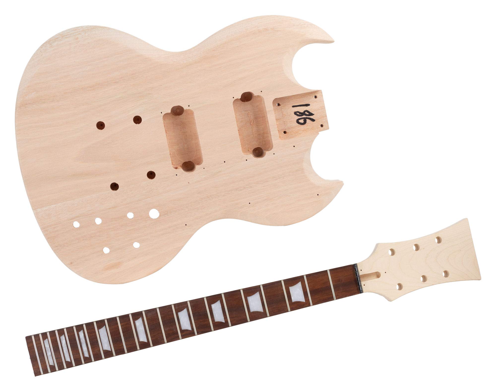 Rocktile Kit Chitarra Elettrica Double Cut DIY: corpo in mogano, manico avvitato in mogano, tastiera in palissandro, pickup Humbucker. Perfetto per principianti e hobbisti.
