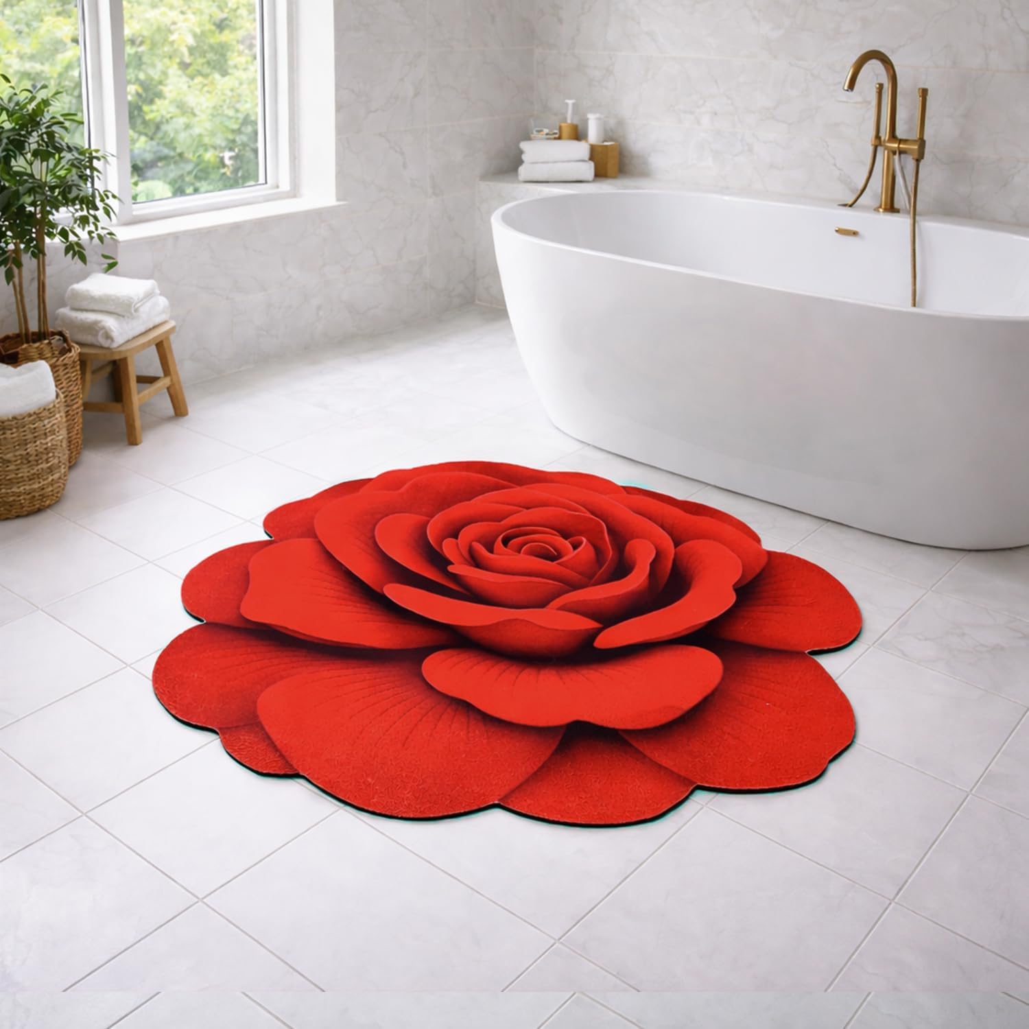 3D Rose Bathroom Mat Red | Super Absorbent Quick-Dry Washable Anti-Slip Microfiber Bath Rug & Door Floor Mat for Bathroom, Bedroom, Kitchen, Entryway, Home Decor (Red, 60 * 60 cm)