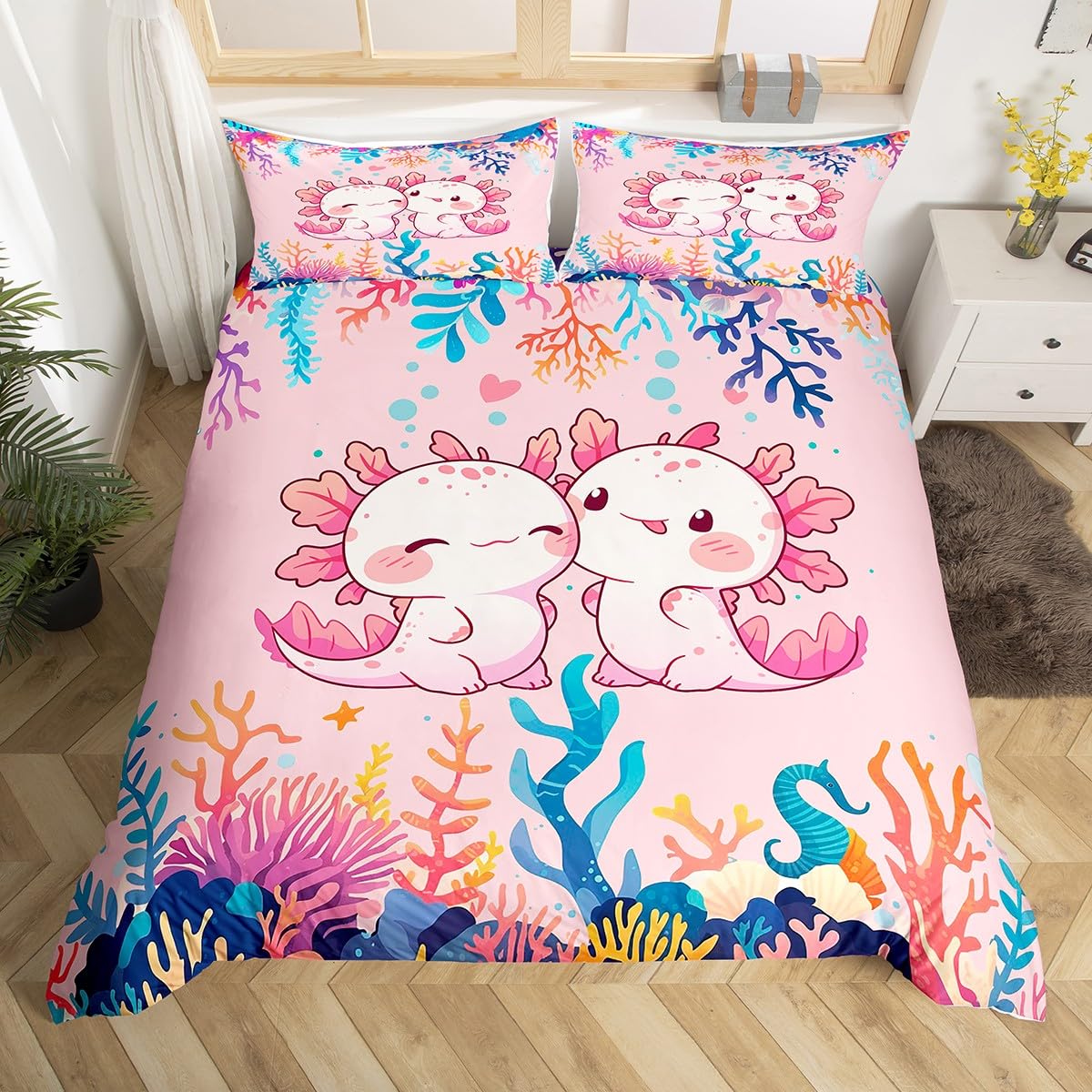 Manfei Kawaii Axolotl Duvet Cover Full for Kids Girls,Underwater Sealife Pink Animals 3 Pieces Duvet Cover,Colorful Seaweed Coral Comforter Cover (Not Comforter),Dreamy Ocean Landscape Quilt Cover