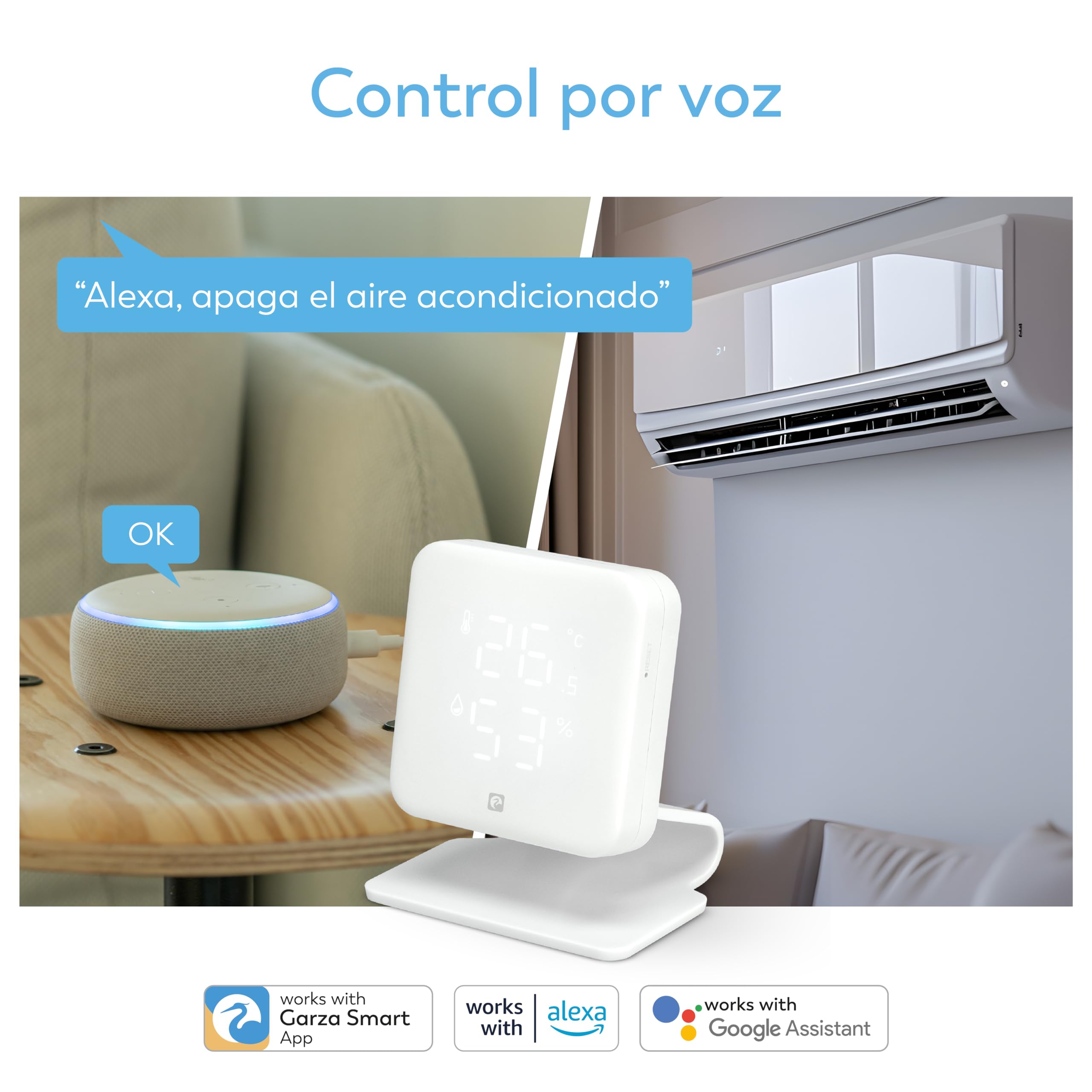 Garza - Contrôleur IR Infrarouge Smart WiFi (2,4 Ghz) pour climatisation avec capteur de température et humidité, Compatible avec Alexa et Google Home, télécommande vocale et Application